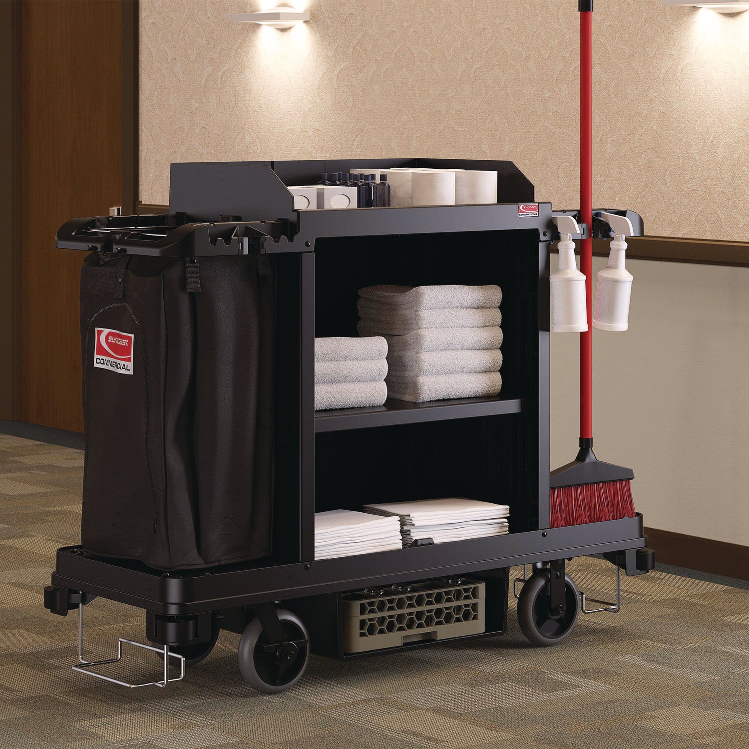 Standard Housekeeping Cart, Plastic, 1 Shelf, 24" x 62.13" x 49.75", Black Suncast Commercial® Flipcost