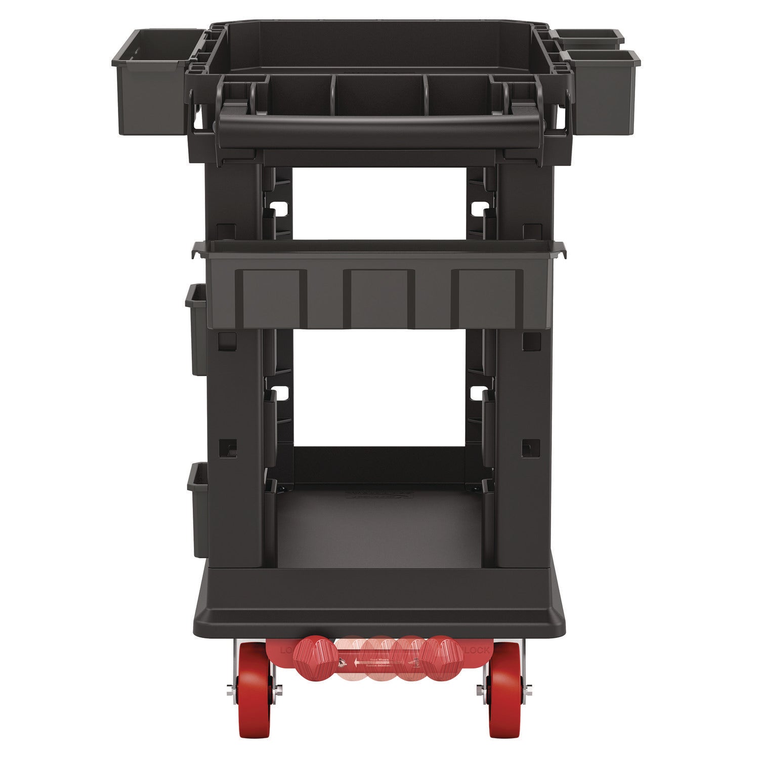 Heavy Duty Plus Utility Cart, Plastic, 2 Shelves, 6 Bins, 500 lb Capacity, 19.5" x 41.78" x 34.81", Black Suncast Commercial® Flipcost