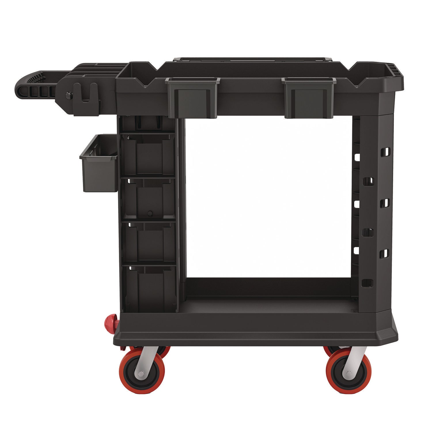 Heavy Duty Plus Utility Cart, Plastic, 2 Shelves, 6 Bins, 500 lb Capacity, 19.5" x 41.78" x 34.81", Black Suncast Commercial® Flipcost