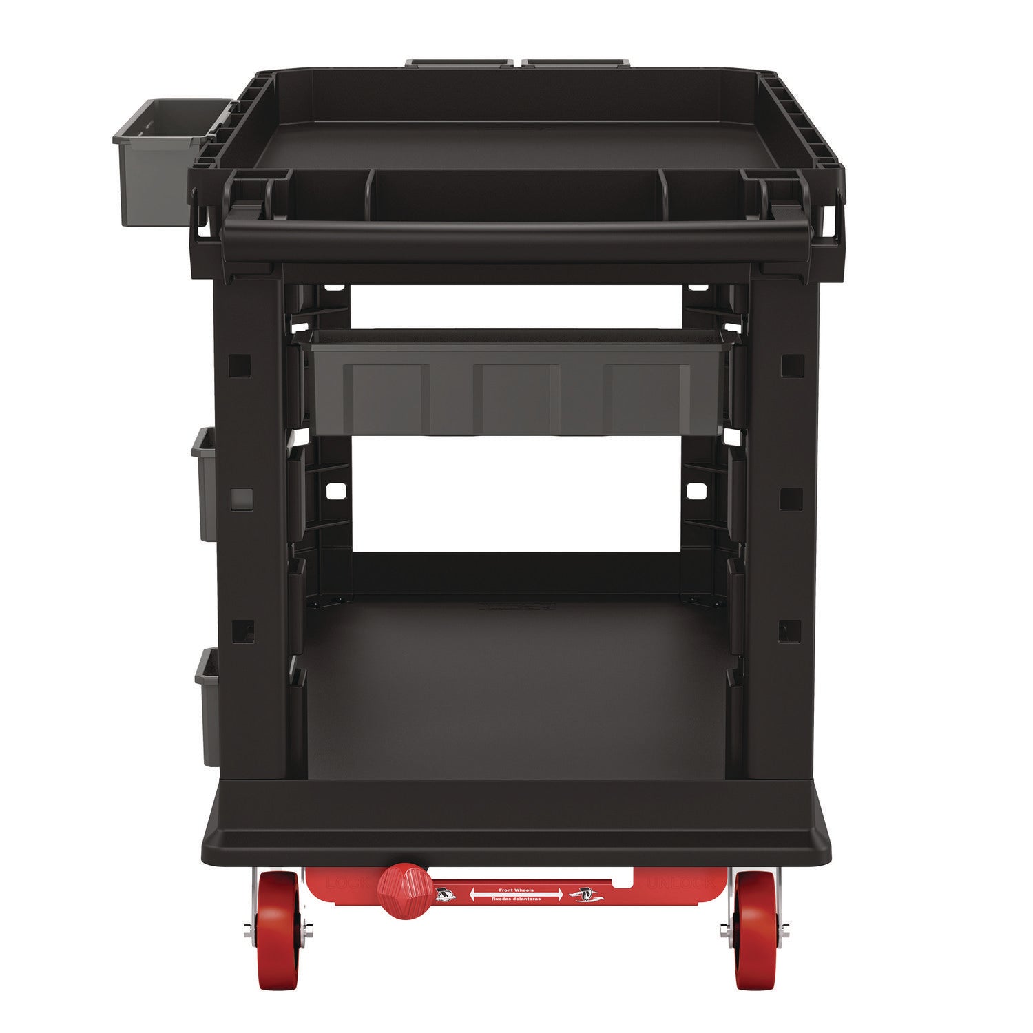 Heavy Duty Plus Utility Cart, Plastic, 2 Shelves, 6 Bins, Capacity, 26.5" x 48.78" x 34.81", Black Suncast Commercial® Flipcost