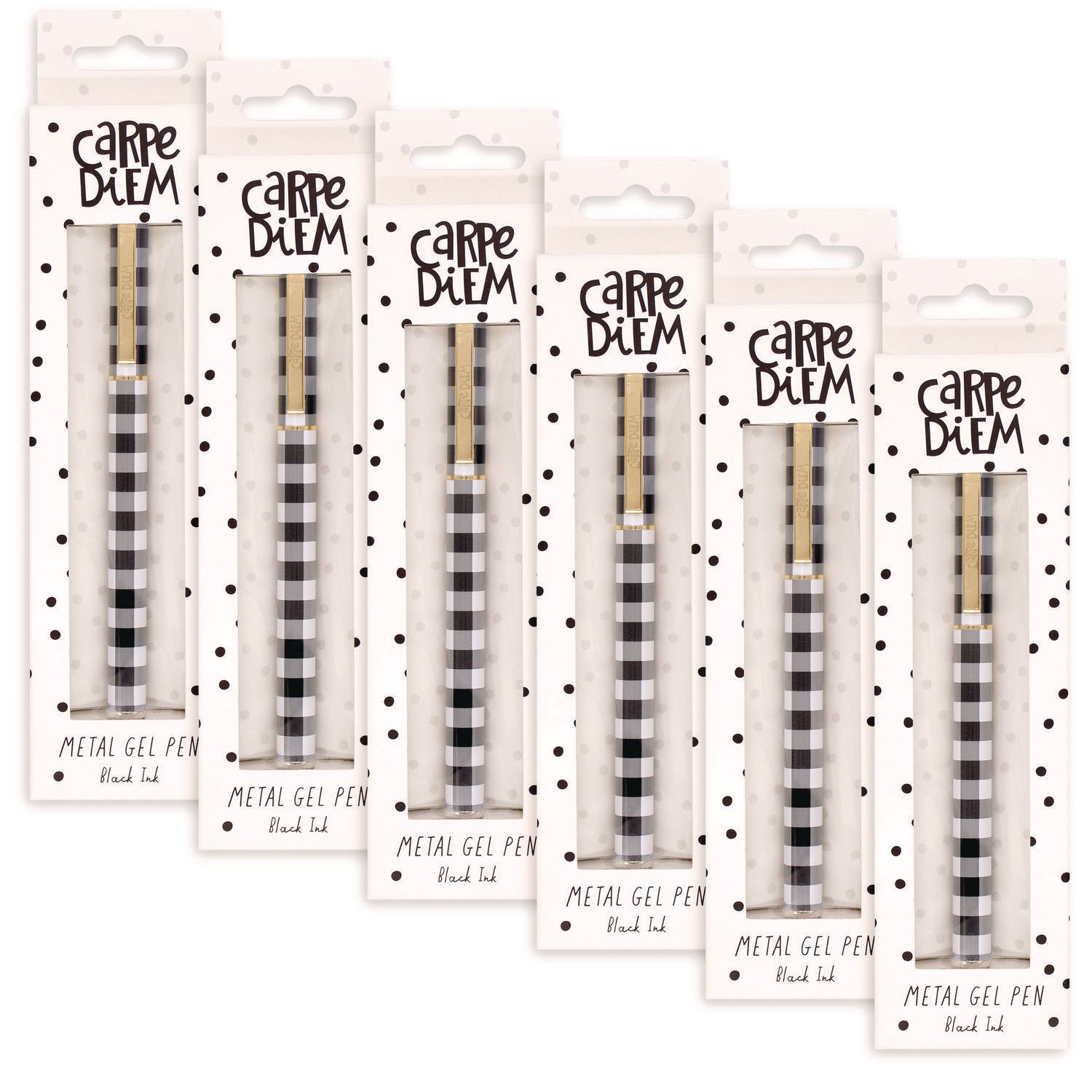 Carpe Diem All Metal Gel Pens Gel Pen, Stick, Medium 0.7 mm, Black Ink, Black/White Check Barrel, 6/Pack