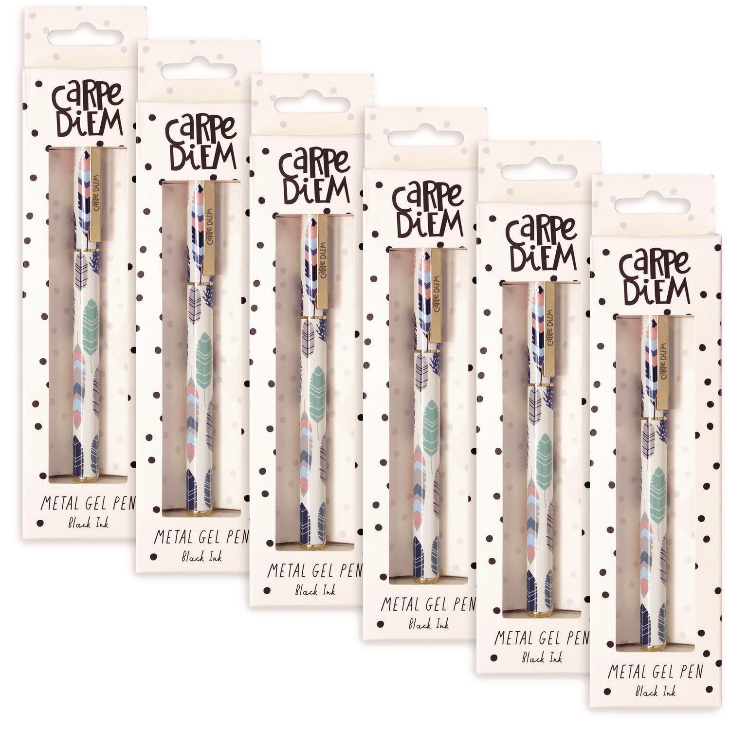 Carpe Diem All Metal Gel Pens Gel Pen, Stick, Medium 0.7 mm, Black Ink, White/Blue/Green Feather Barrel, 6/Pack