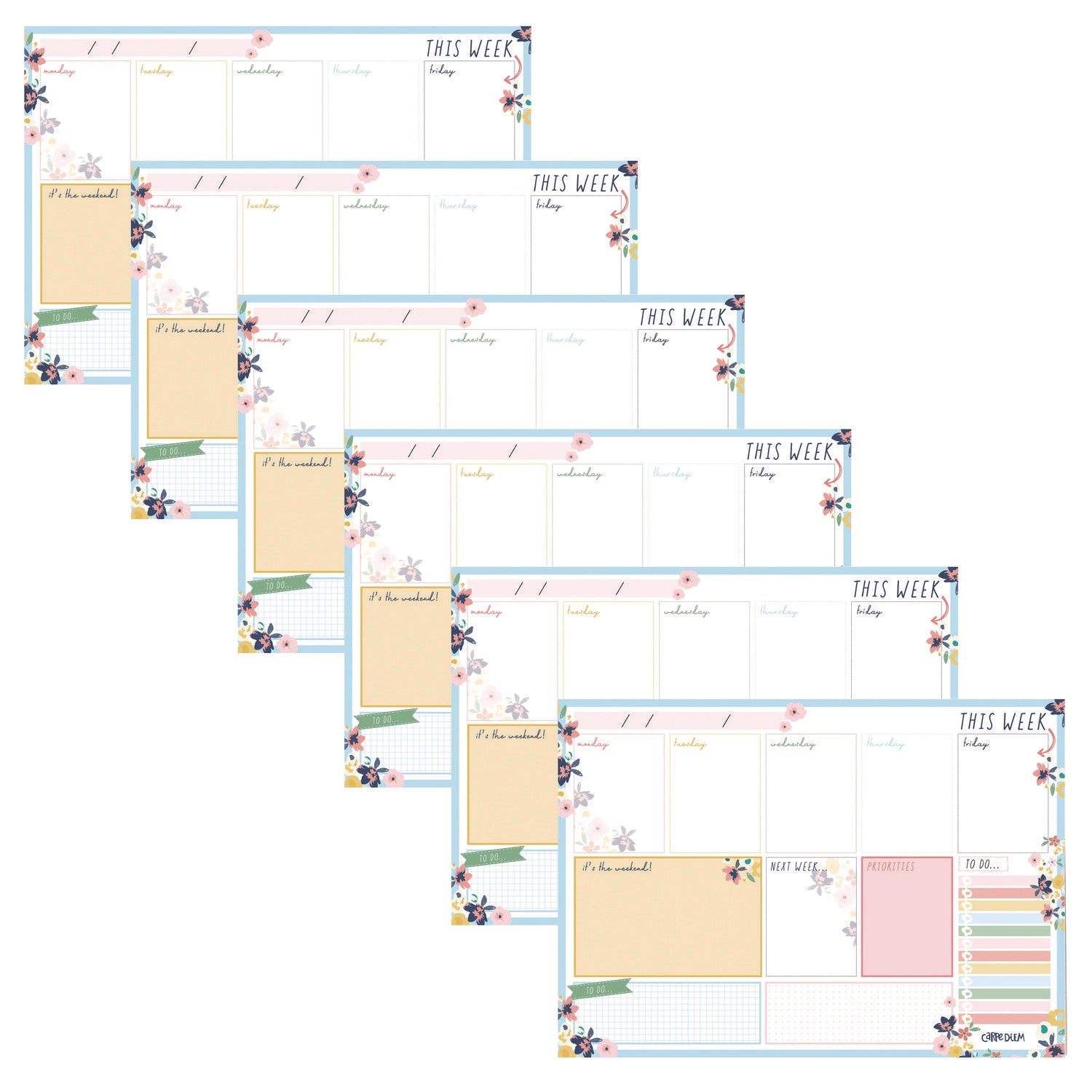 Weekly Planner Pad, Floral, 11.7 x 8.3, Blue/Pink/White/Yellow Cover, 12-Month, Undated, 6/Pack