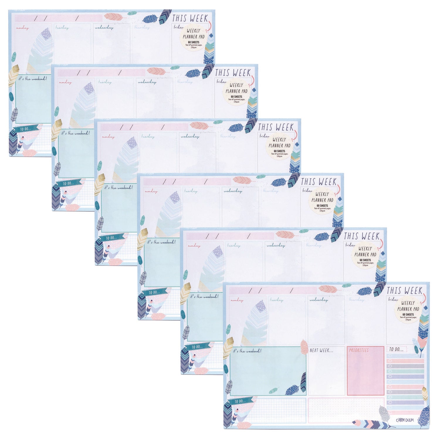 Weekly Planner Pad, Feathers, 11.7 x 8.3, Blue/Cream/Pink Cover, 12-Month, Undated, 6/Pack