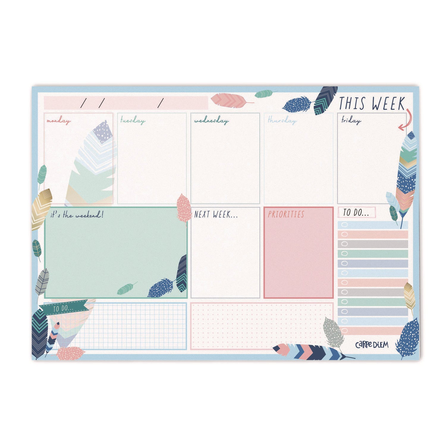 Weekly Planner Pad, Feathers, 11.7 x 8.3, Blue/Cream/Pink Cover, 12-Month, Undated, 6/Pack PUKKA PAD® Flipcost