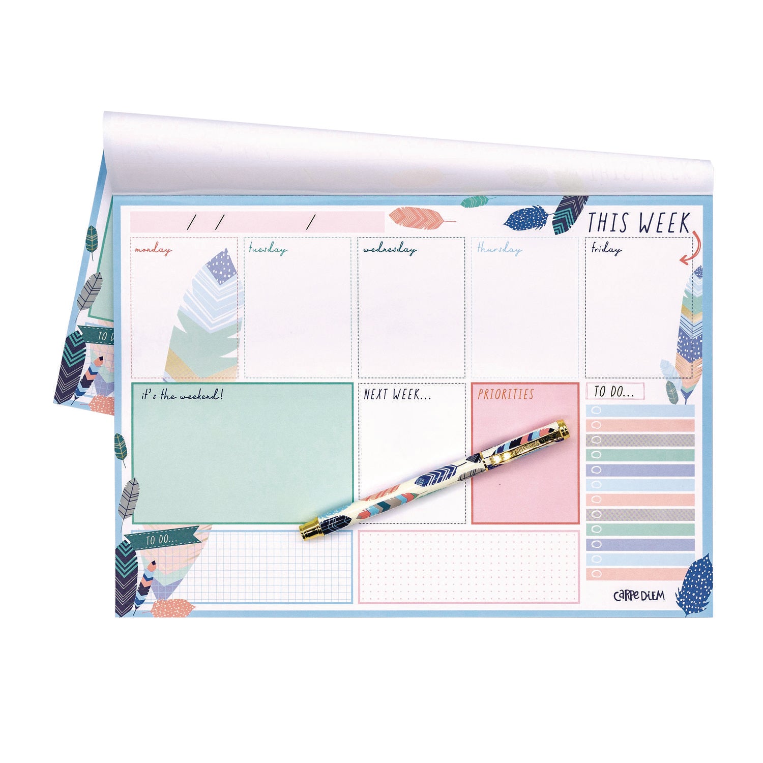 Weekly Planner Pad, Feathers, 11.7 x 8.3, Blue/Cream/Pink Cover, 12-Month, Undated, 6/Pack PUKKA PAD® Flipcost