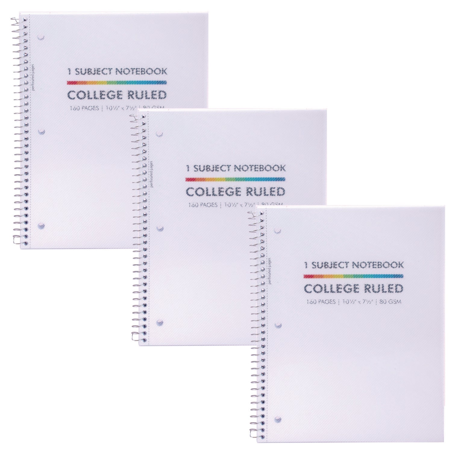 Letter Size 1-Subject Notebook, Medium/College Rule, White Cover, (80) 10.5 x 8 Sheets, 3/Pack