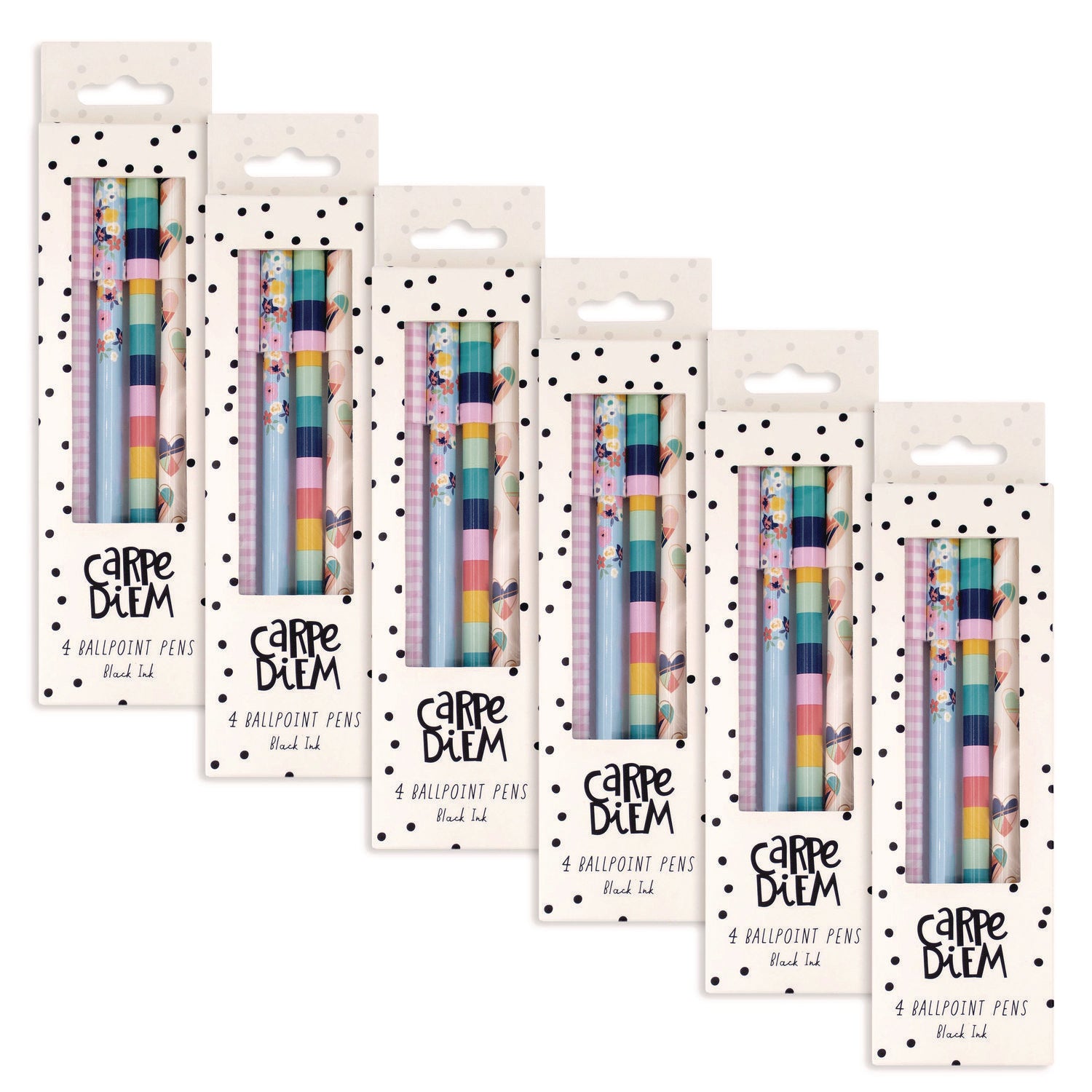 Carpe Diem Ballpoint Pen, Stick, Medium 0.7 mm, Black Ink, Assorted Ditzy Floral Collection, 4 Pens/Pack, 6 Packs/Box