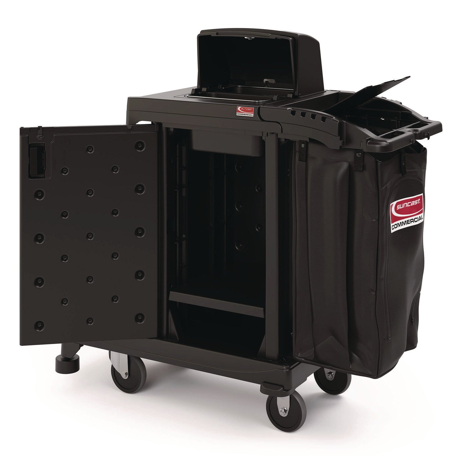 High Security Housekeeping Cart, Plastic, 1 Shelf, 3 Bins, 23.19 x 53.23 x 53.02, Black Suncast Commercial® Flipcost