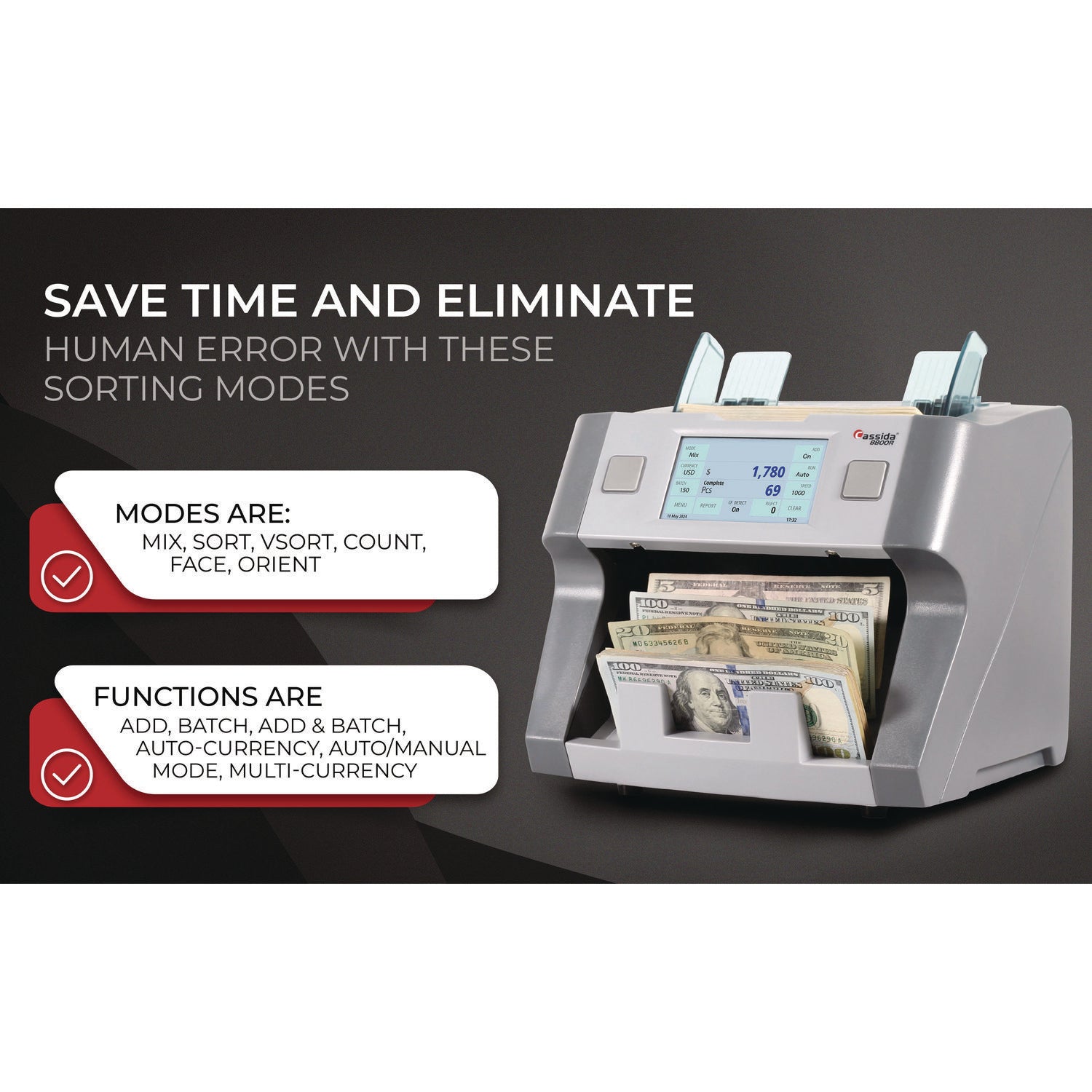 8800R Single Pocket Discriminator, 1,200 Bills/min, 9.5 x 11 x 10.4, Gray Cassida Flipcost