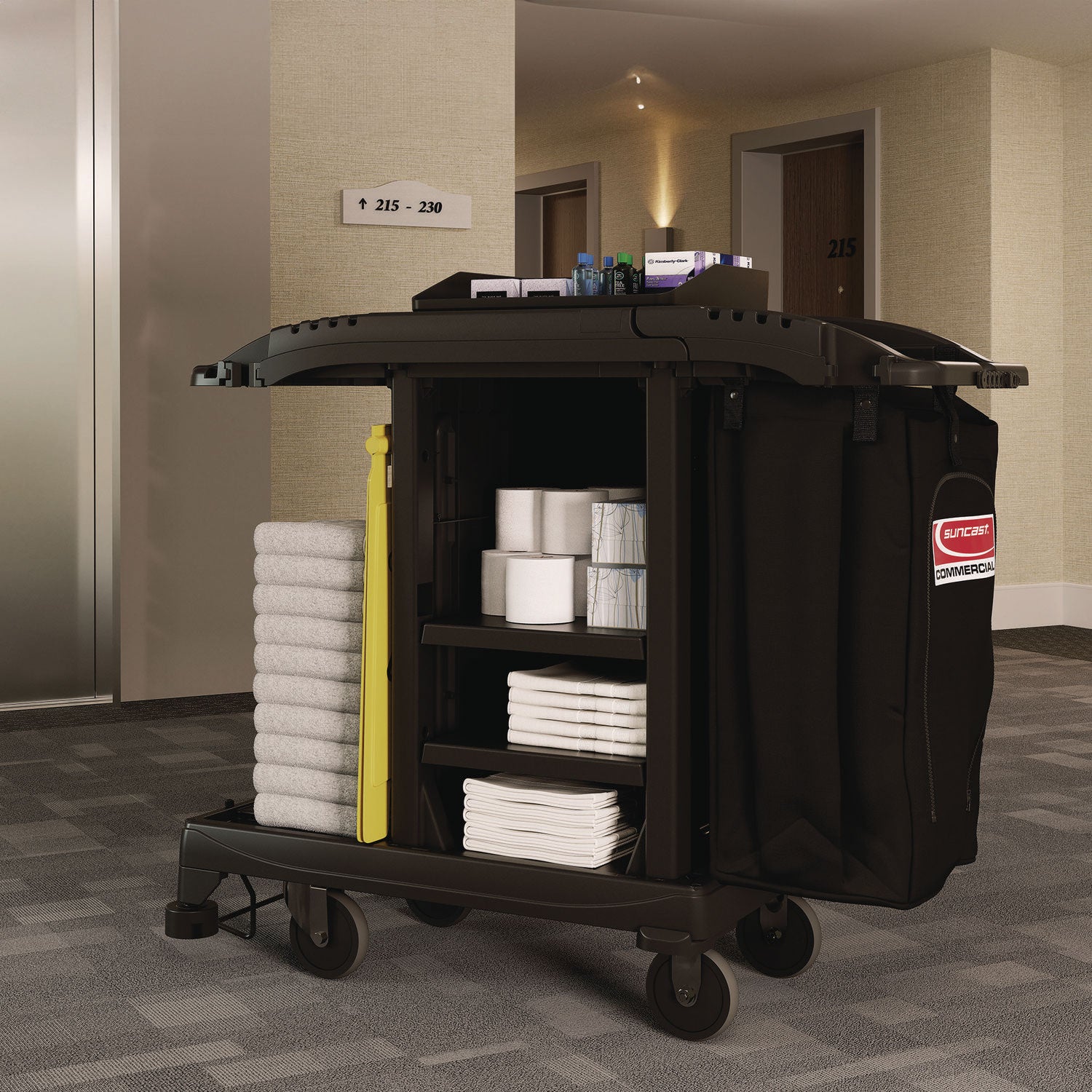 Compact Standard Housekeeping Cart, Plastic, 1 Shelf, 23.25" x 53.18" x 46.57", Black Suncast Commercial® Flipcost