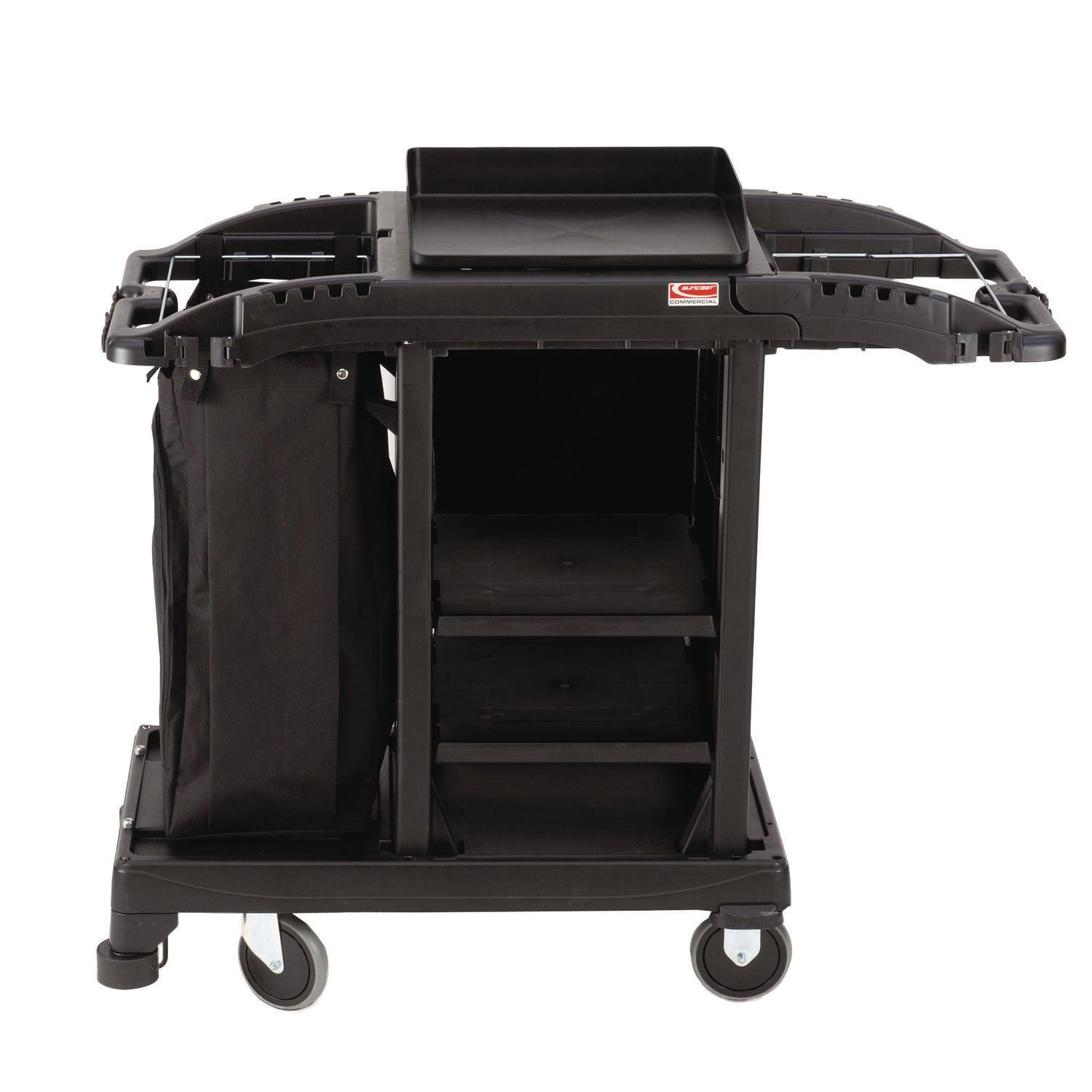 Compact Standard Housekeeping Cart, Plastic, 1 Shelf, 23.25" x 53.18" x 46.57", Black Suncast Commercial® Flipcost