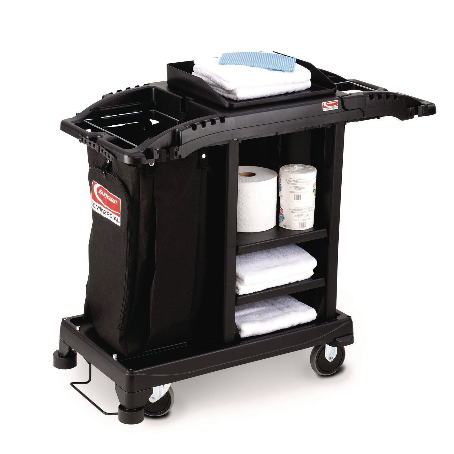 Compact Standard Housekeeping Cart, Plastic, 1 Shelf, 23.25" x 53.18" x 46.57", Black Suncast Commercial® Flipcost