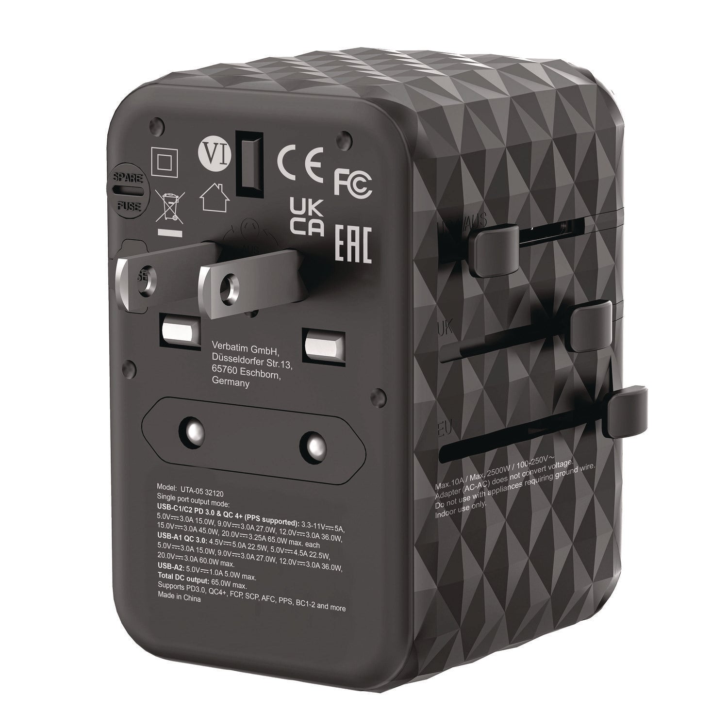 UTA-05 Gan III Universal Travel Adapter, (2) USB-A/(2) USB-C/Quick Charge 4+ Verbatim® Flipcost