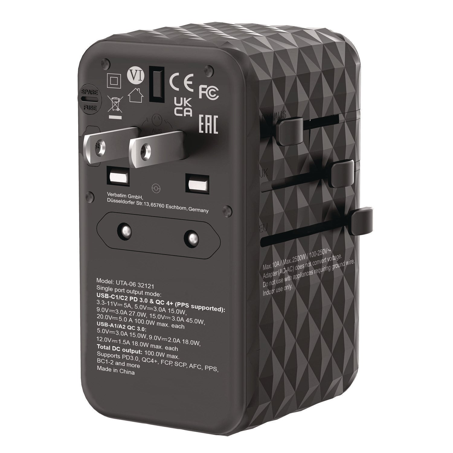 UTA-06 Gan III Universal Travel Adapter, (2) USB-A/(2) USB-C/Quick Charge 4+ Verbatim® Flipcost