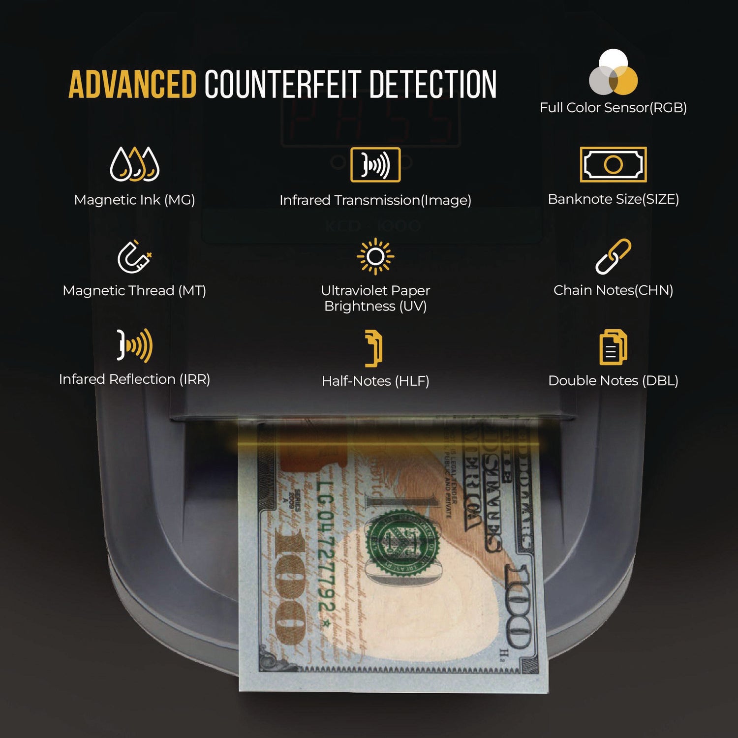 KCD-1000 Counterfeit Detector, Dimensional, Image, IR, MG, MT, Thickness, UV and Watermark Detection, US Currency Kolibri Flipcost