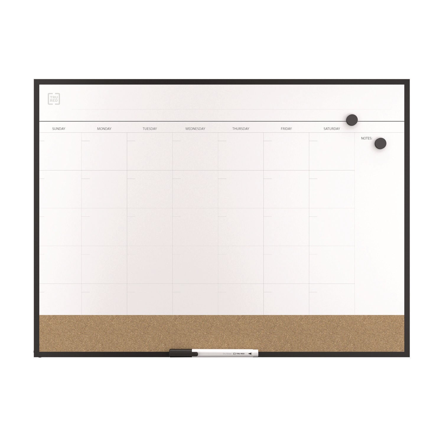 Magnetic Steel Dry Erase Combo Board, Monthly Planning/Scheduling, 23" x 17", White/Natural Surface, Black Aluminum Frame