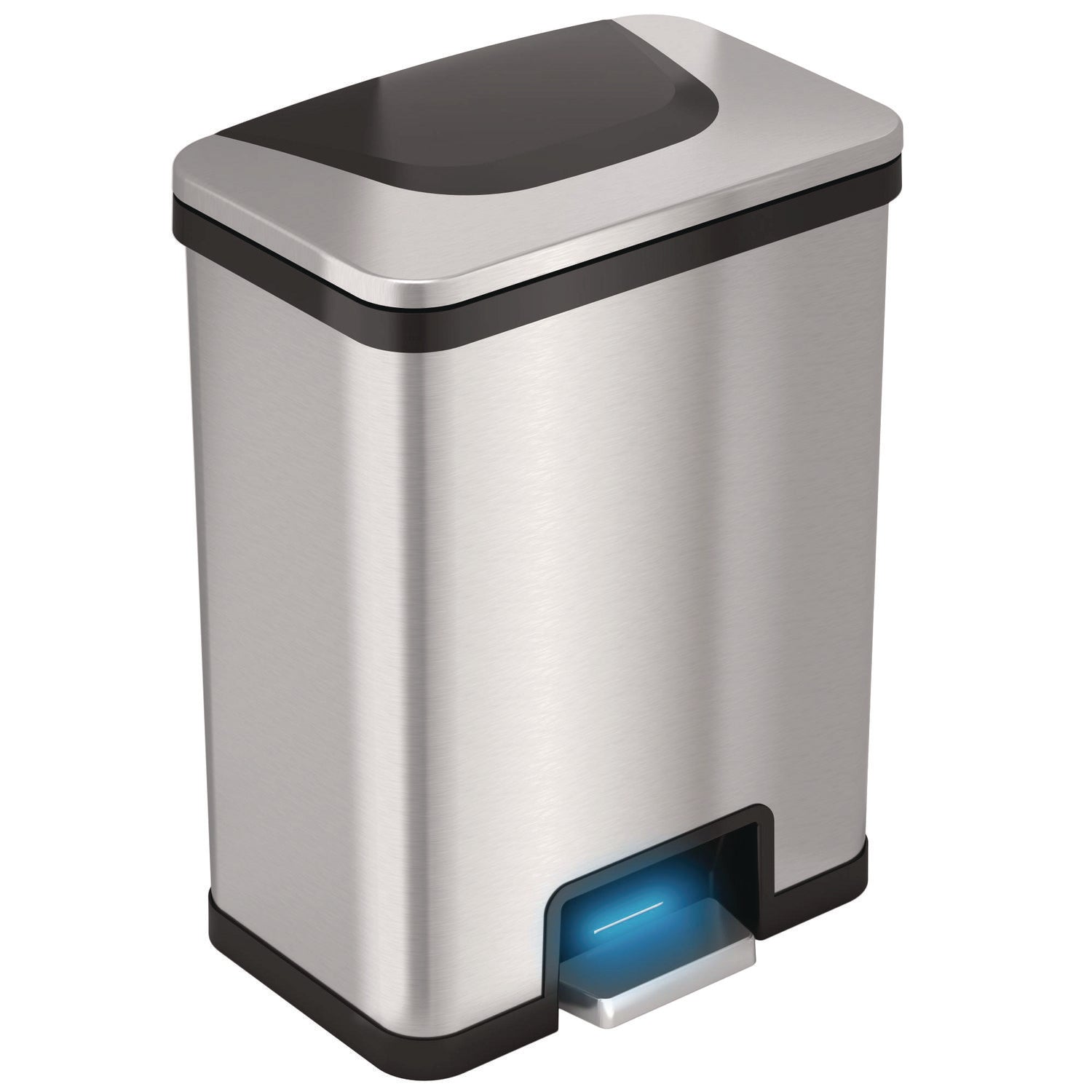 Step Pedal-Sensor Trash Can, 13 gal, Plastic/Stainless Steel, Silver/Black