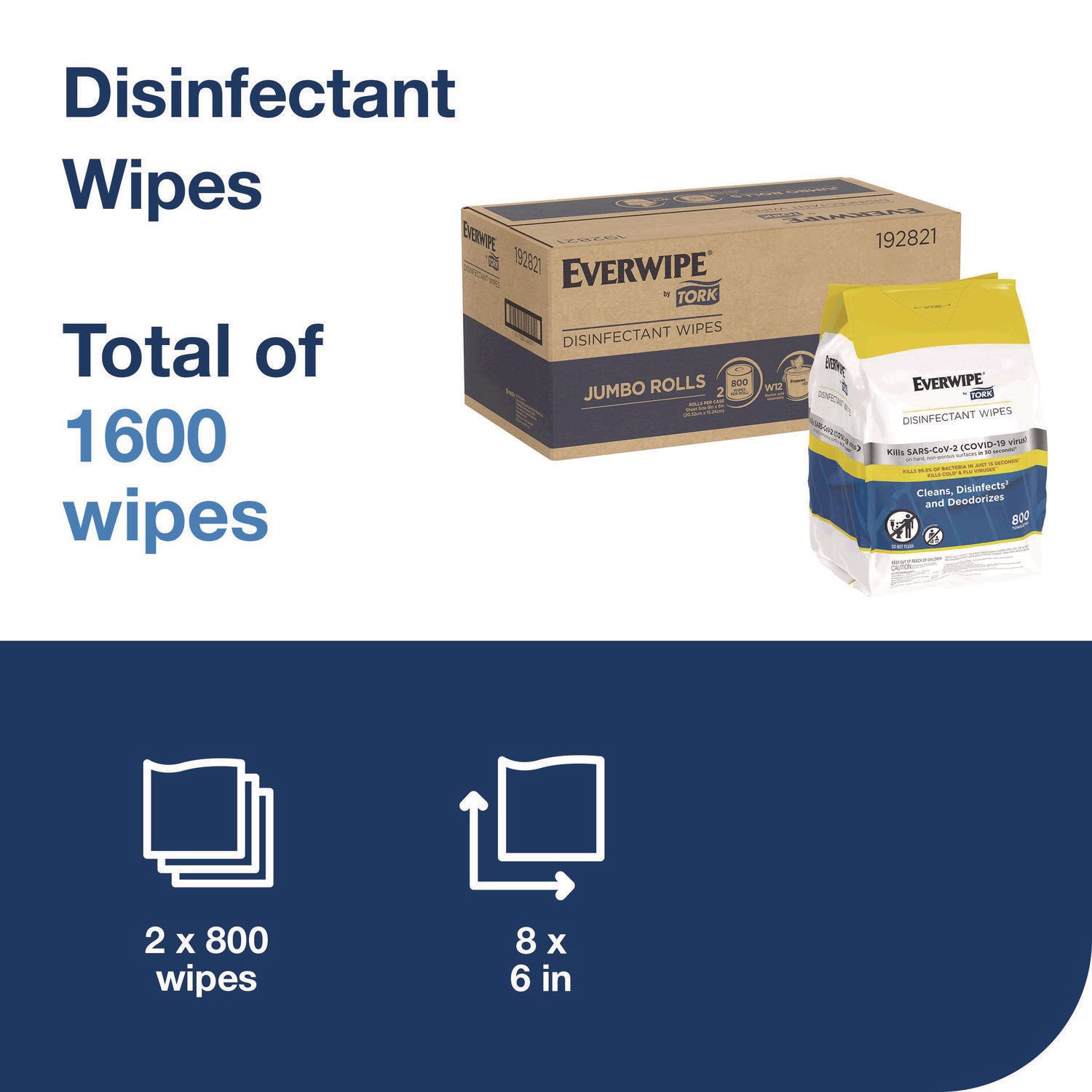 Disinfectant Wipe Jumbo Rolls, 1-Ply, 8 x 6, Lemon, White, 800 Sheets, 2/Carton Tork® Flipcost