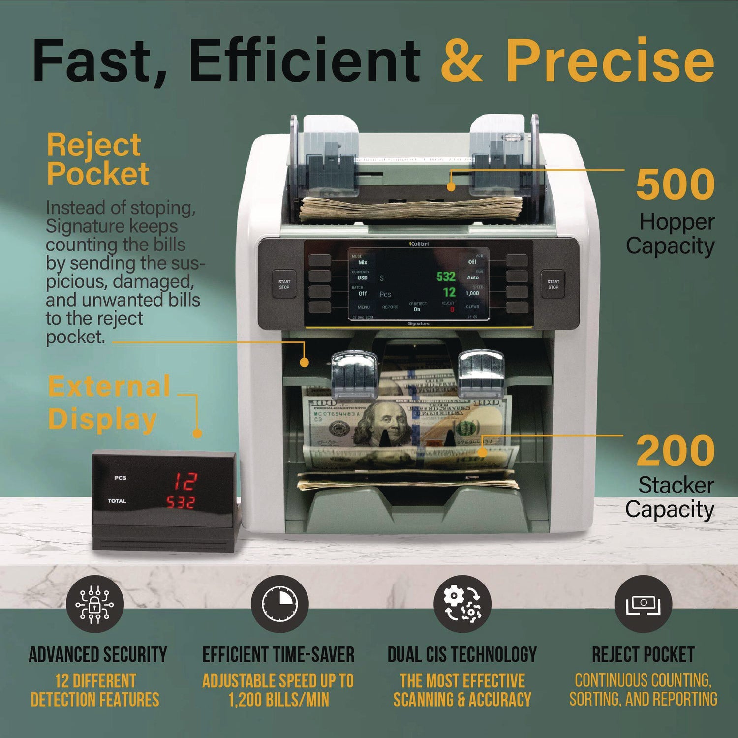 Signature Mixed Denomination Counter, 1,200 Bills/min, 10.5 x 11.7 x 10.5, Light Gray Kolibri Flipcost