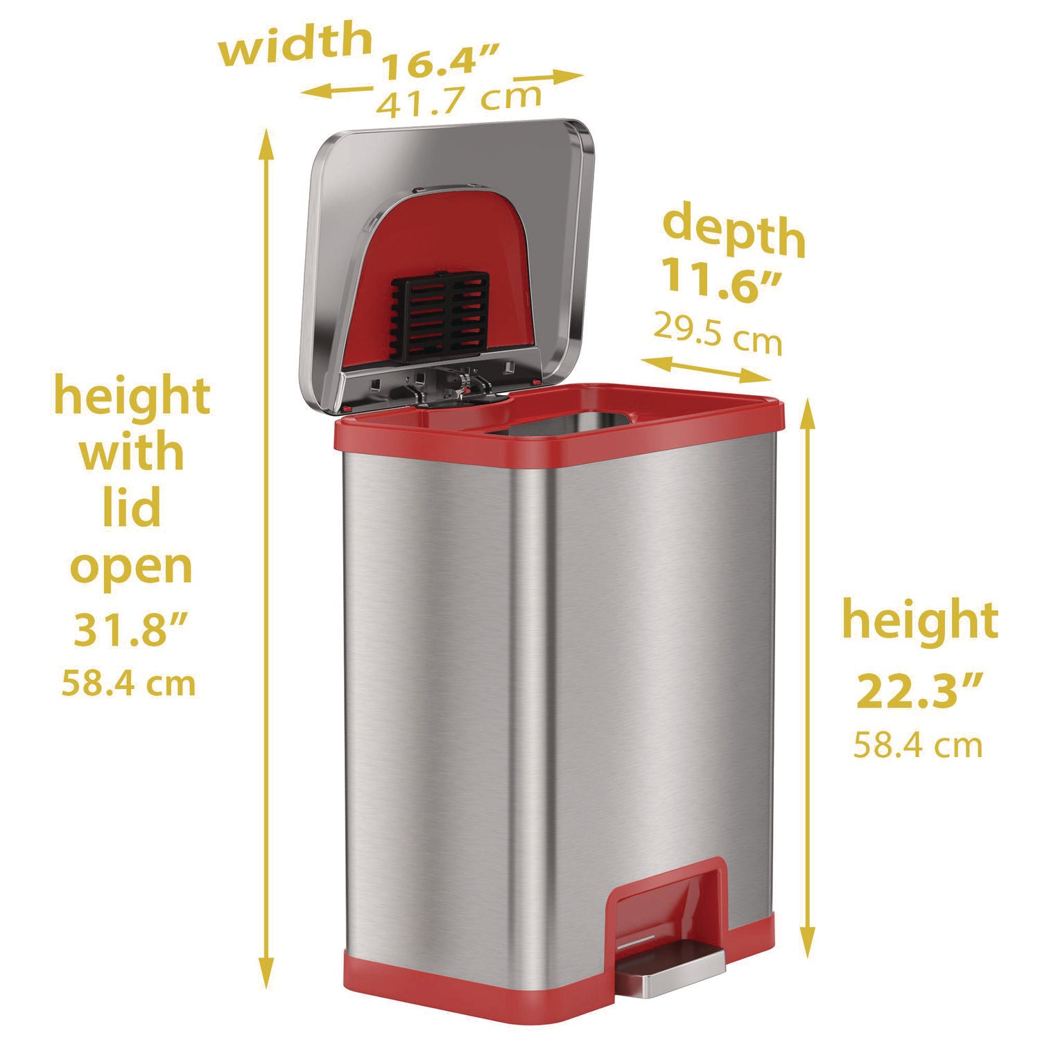 Step Pedal-Sensor Trash Can, 13 gal, Plastic/Stainless Steel, Silver/Red HLS Commercial® Flipcost