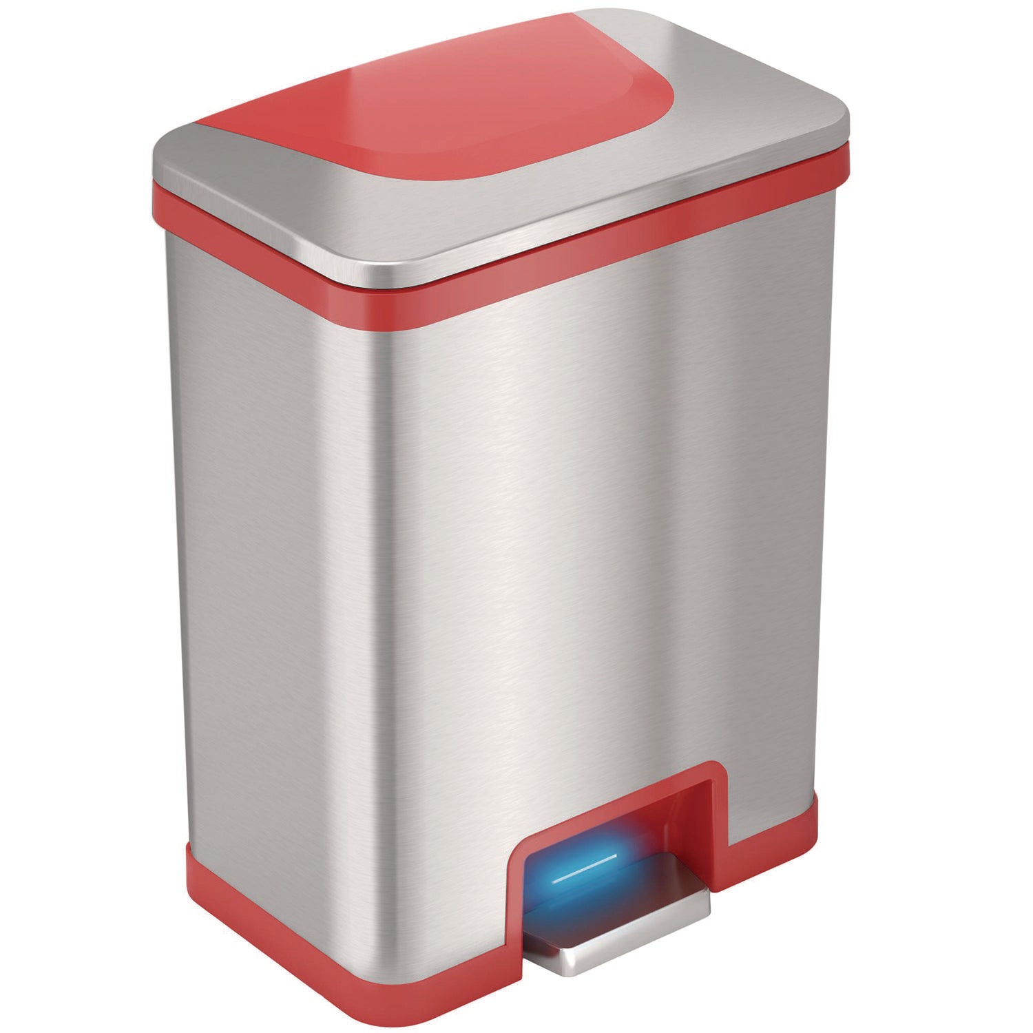 Step Pedal-Sensor Trash Can, 13 gal, Plastic/Stainless Steel, Silver/Red