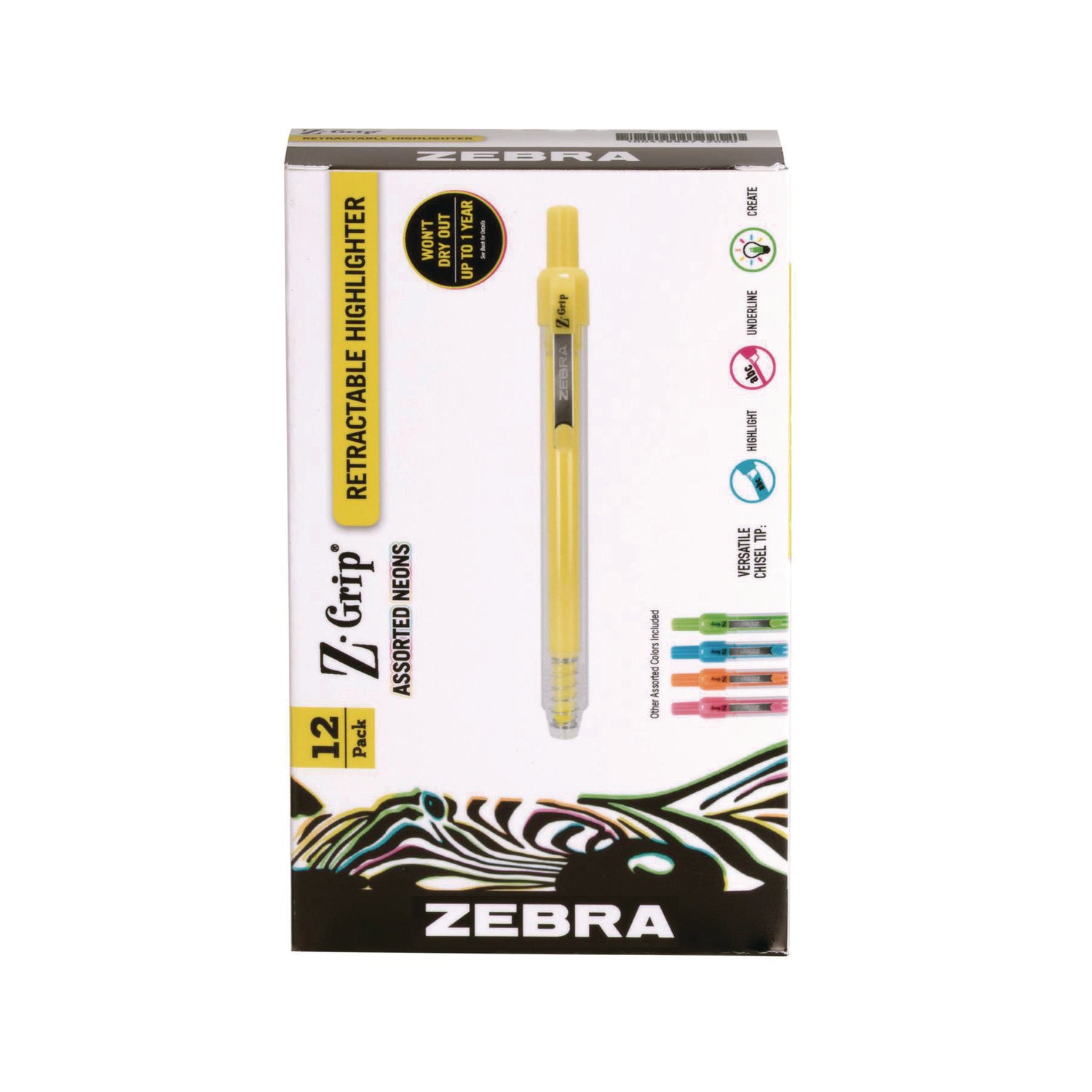 Z-Grip Retractable Highlighter Markers, Assorted Neon Ink, Chisel Tip, Assorted Neon Barrel, Dozen