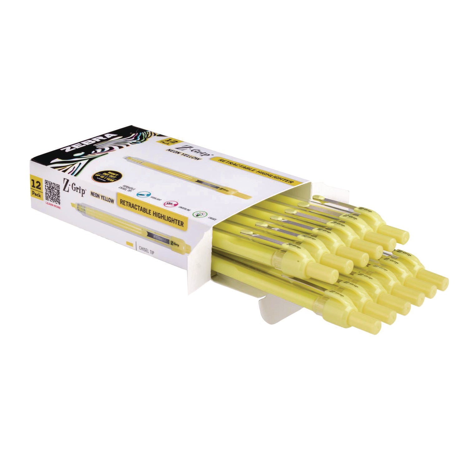 Z-Grip Retractable Highlighter Markers, Neon Yellow Ink, Chisel Tip, Neon Yellow Barrel, Dozen Zebra® Flipcost