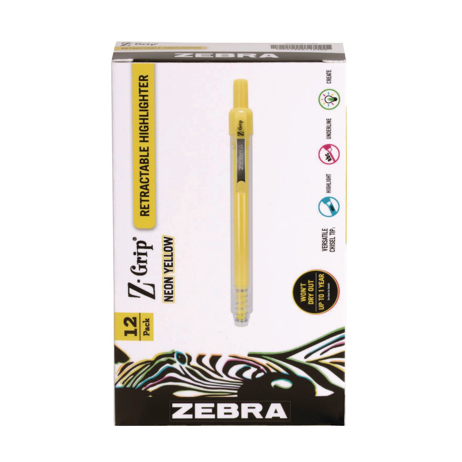 Z-Grip Retractable Highlighter Markers, Neon Yellow Ink, Chisel Tip, Neon Yellow Barrel, Dozen