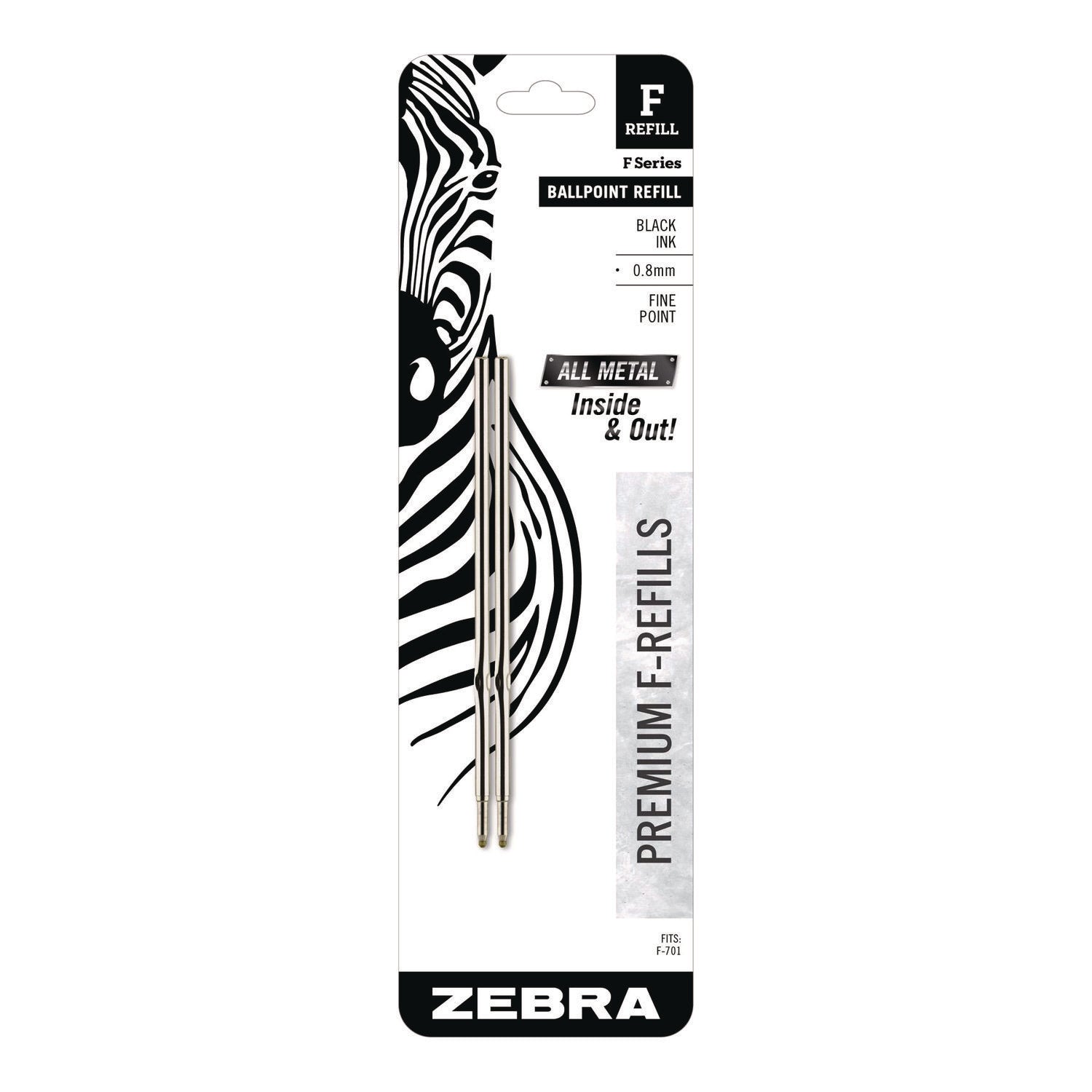 F-Series Ballpoint Stainless Steel Pen Refill, Fine 0.8 mm Conical Tip, Black Ink, 2/Pack