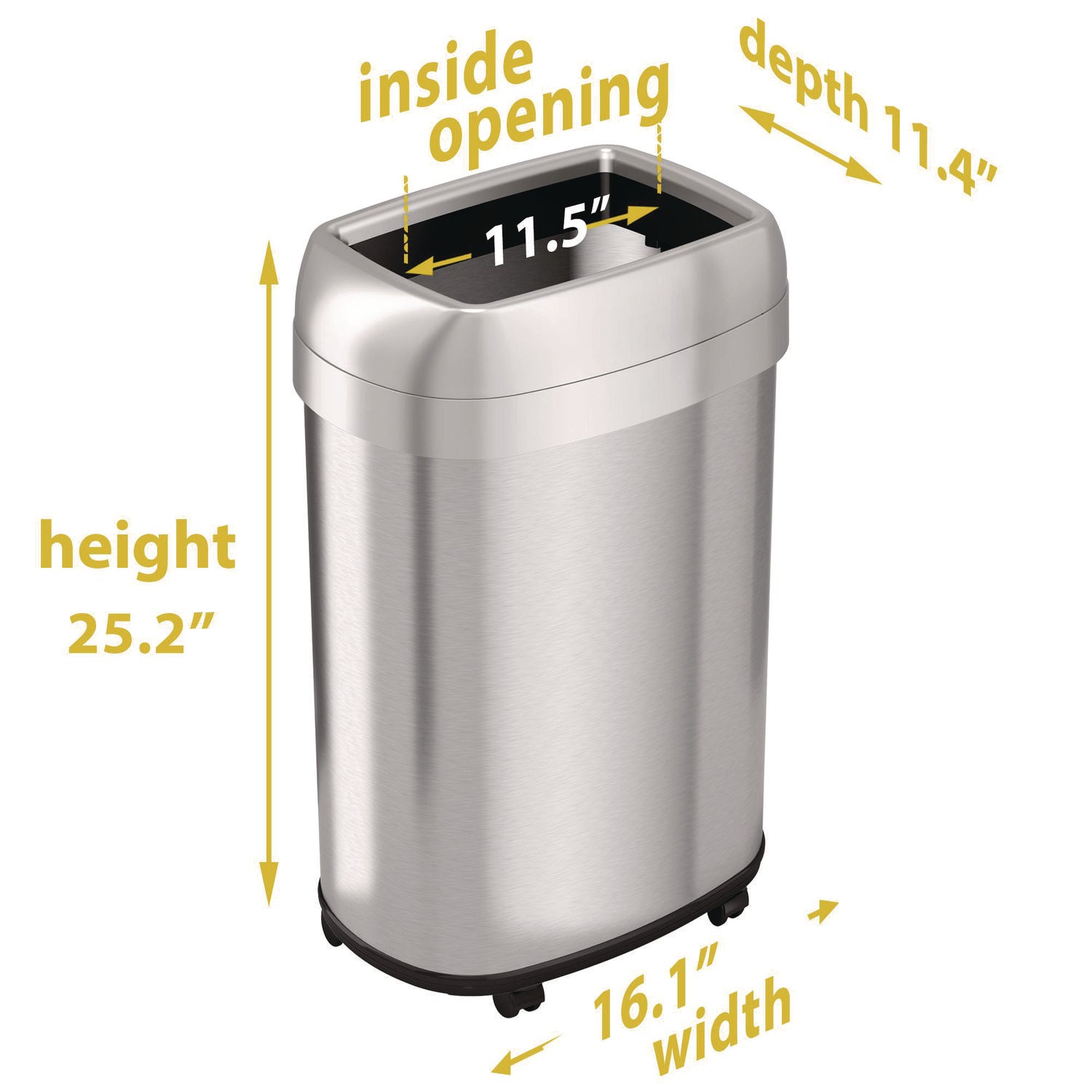 Open Top Trash Can with Wheels, Oval, 13 gal, Plastic/Stainless Steel, Silver HLS Commercial® Flipcost