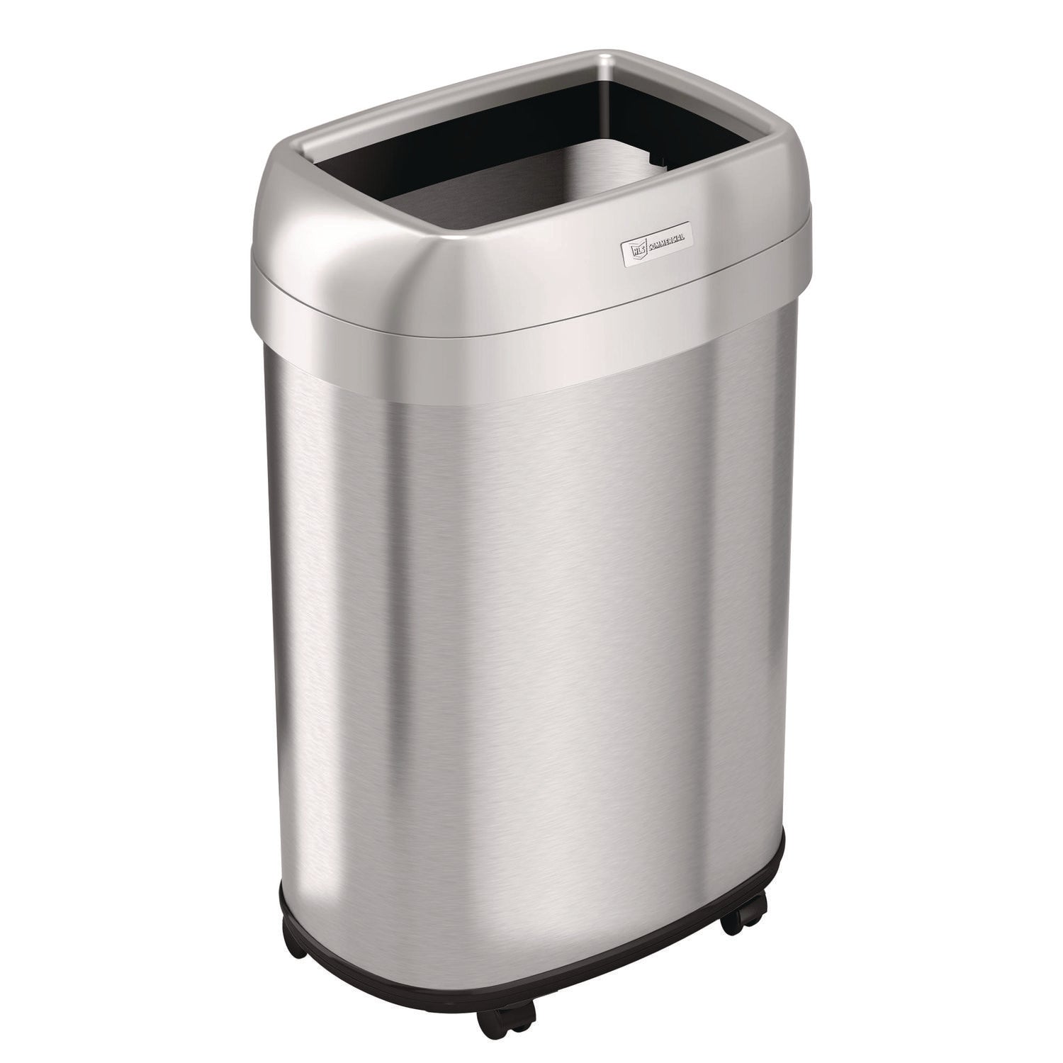 Open Top Trash Can with Wheels, Oval, 13 gal, Plastic/Stainless Steel, Silver