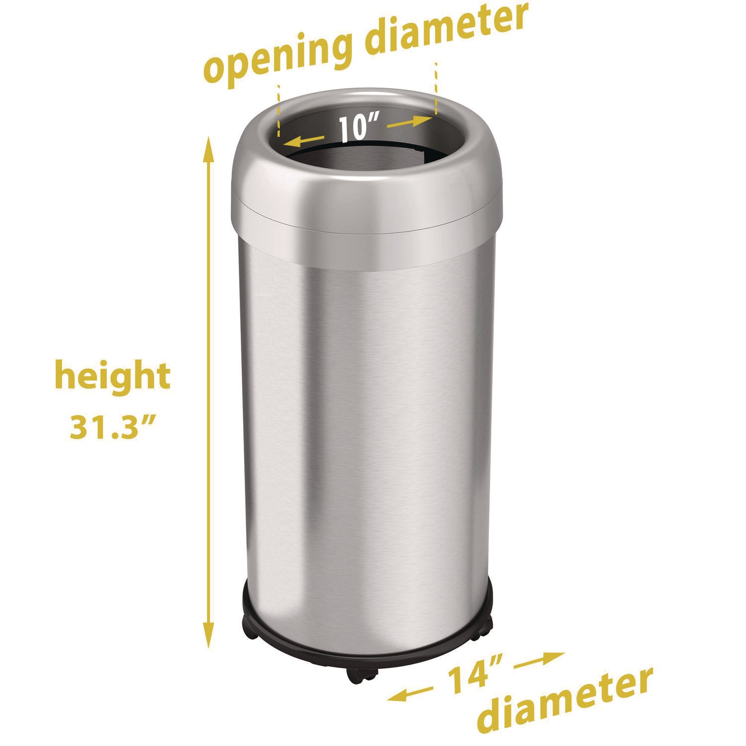 Open Top Trash Can with Wheels, Round, 16 gal, Plastic/Stainless Steel, Silver HLS Commercial® Flipcost