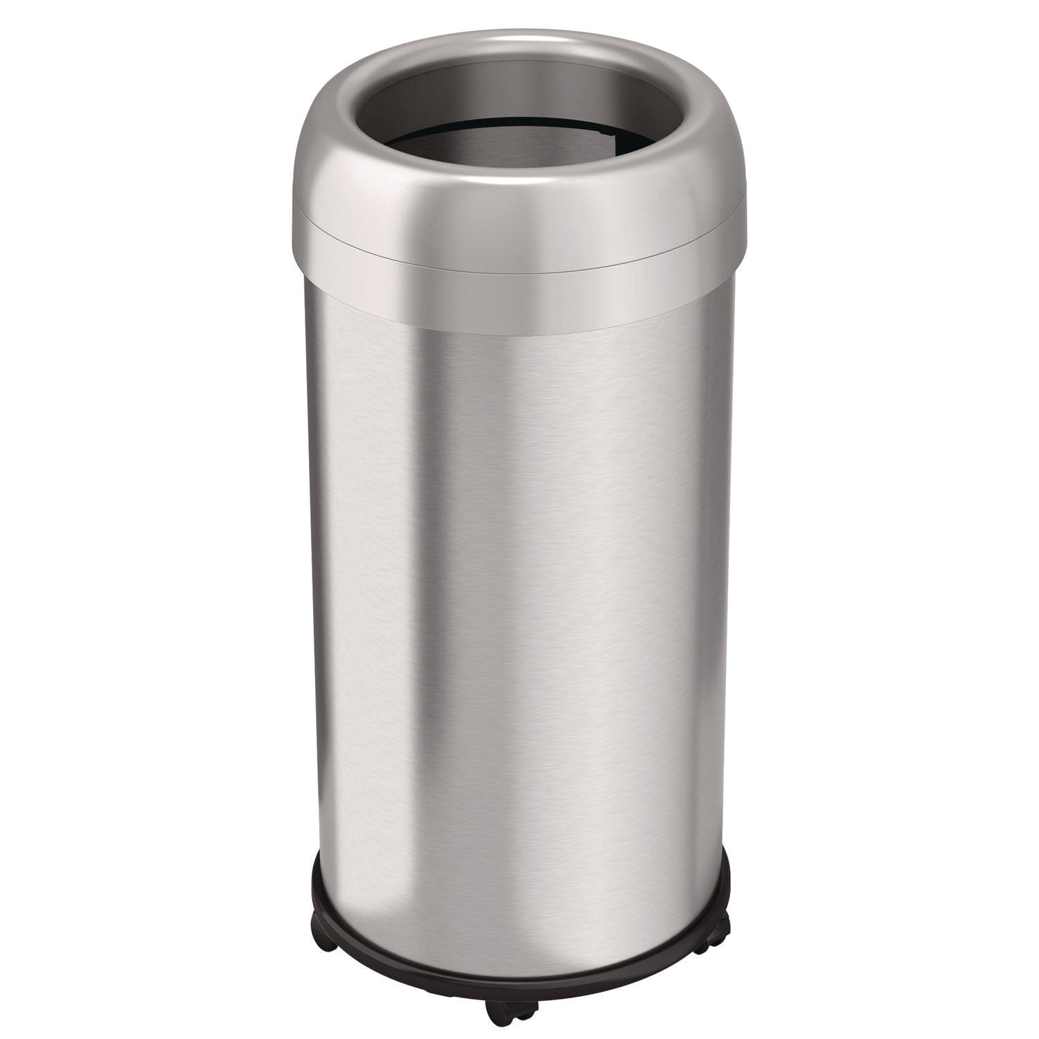 Open Top Trash Can with Wheels, Round, 16 gal, Plastic/Stainless Steel, Silver