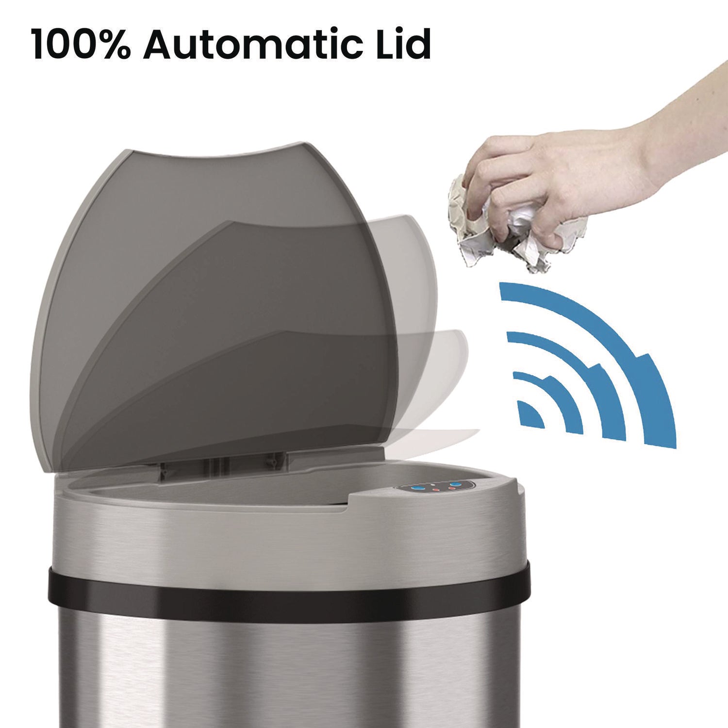 Sensor Trash Can, Half-Round Cylinder, 13 gal, Plastic/Stainless Steel, Silver HLS Commercial® Flipcost