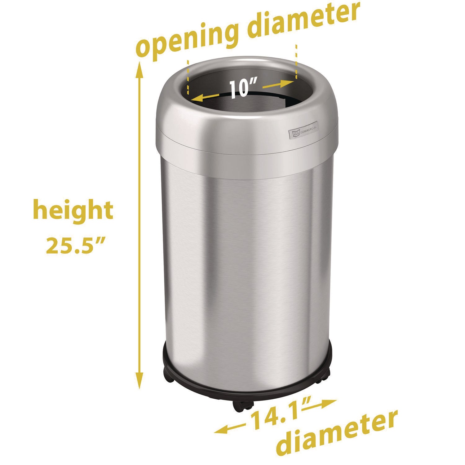 Open Top Trash Can with Wheels, Round, 13 gal, Plastic/Stainless Steel, Silver HLS Commercial® Flipcost