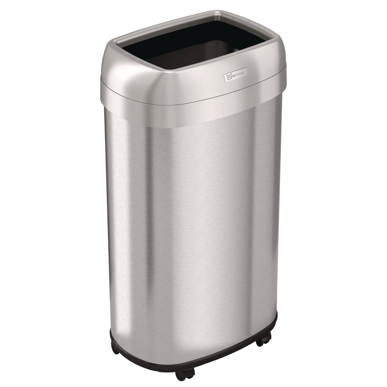 Open Top Trash Can with Wheels, Oval, 16 gal, Plastic/Stainless Steel, Silver