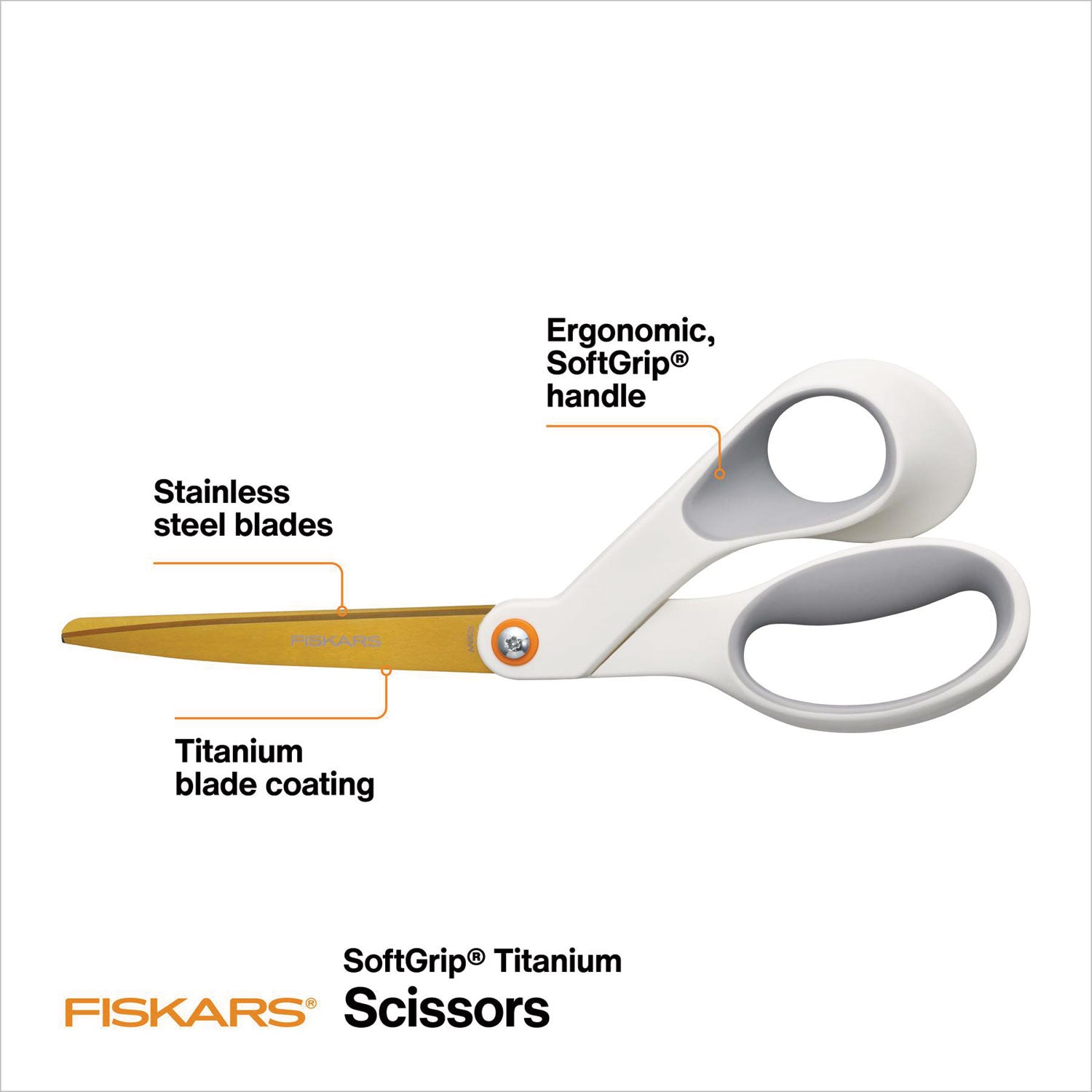 Fiskars® SoftGrip Titanium Scissors, 8" Long, 4" Cut Length, Offset White Handle