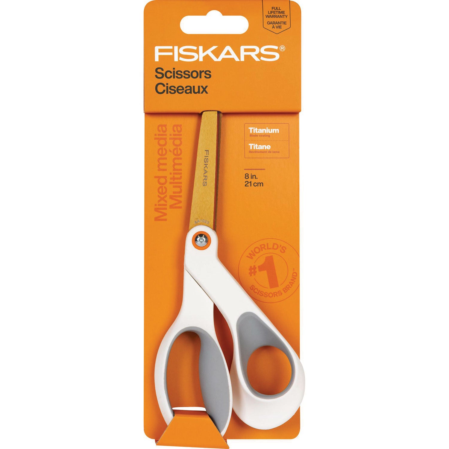 Fiskars® SoftGrip Titanium Scissors, 8" Long, 4" Cut Length, Offset White Handle