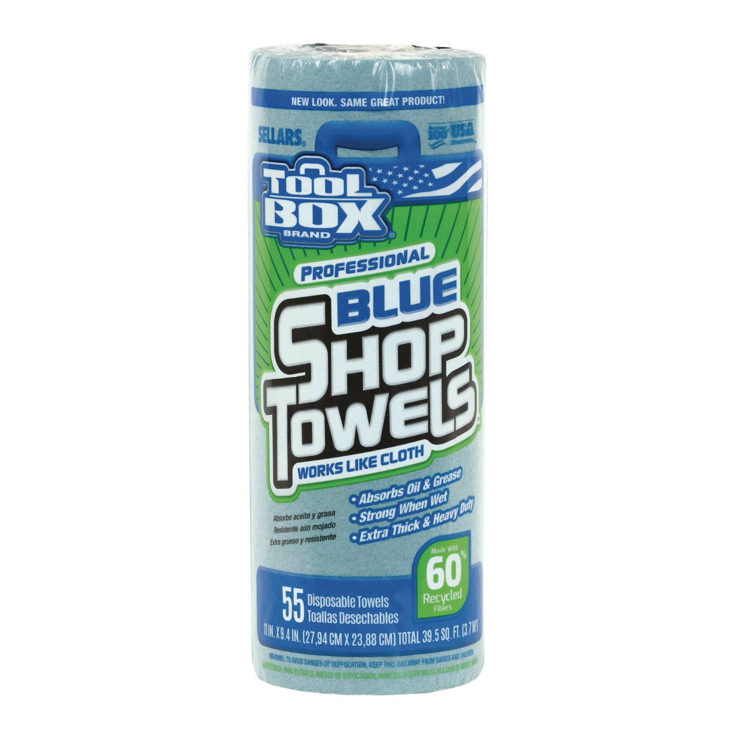 TOOLBOX Blue Shop Towels, 1-Ply, 11 x 9.4, Blue, 55 Sheets/Roll, 30 Rolls/Carton