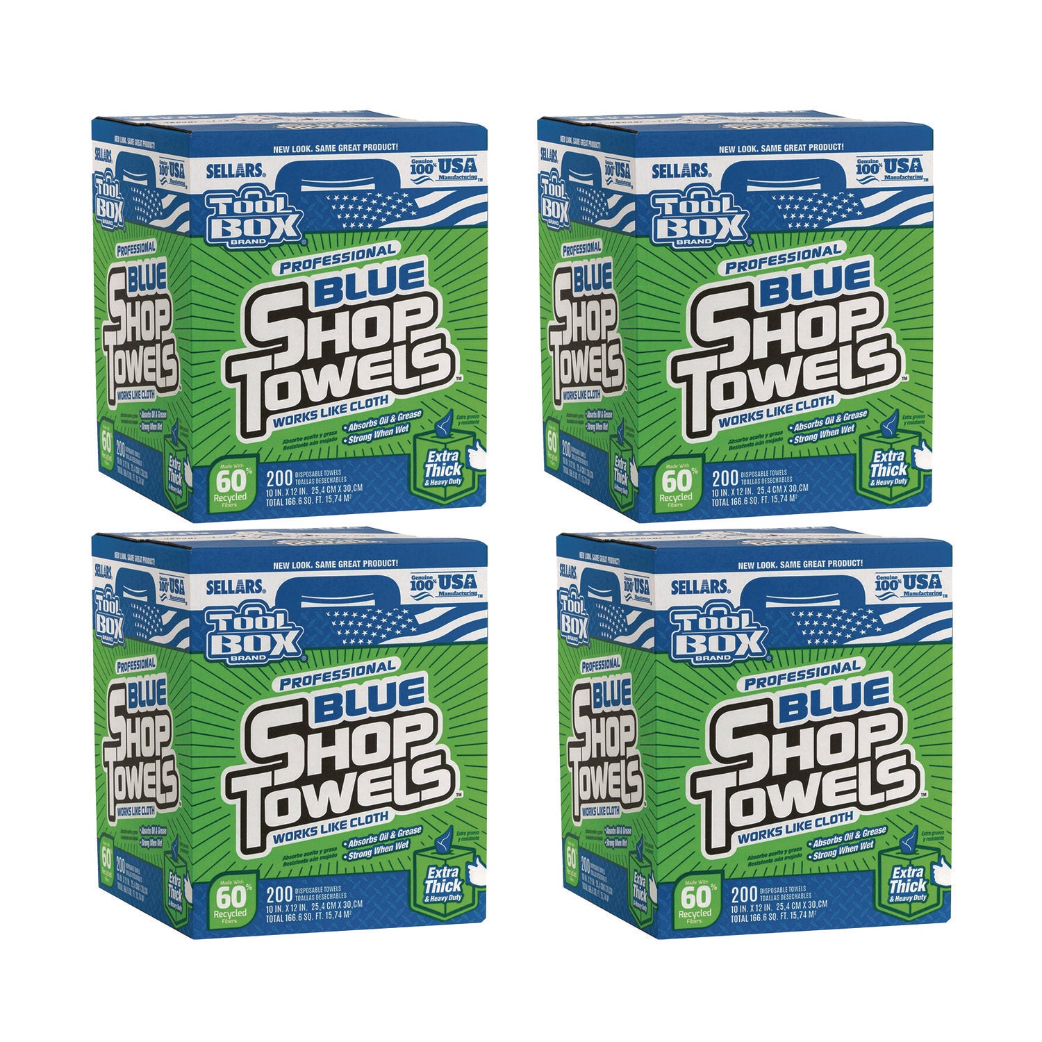 TOOLBOX Blue Shop Towels, 1-Ply, 10 x 12, Blue, 200 Sheets/Box, 4 Boxes/Carton