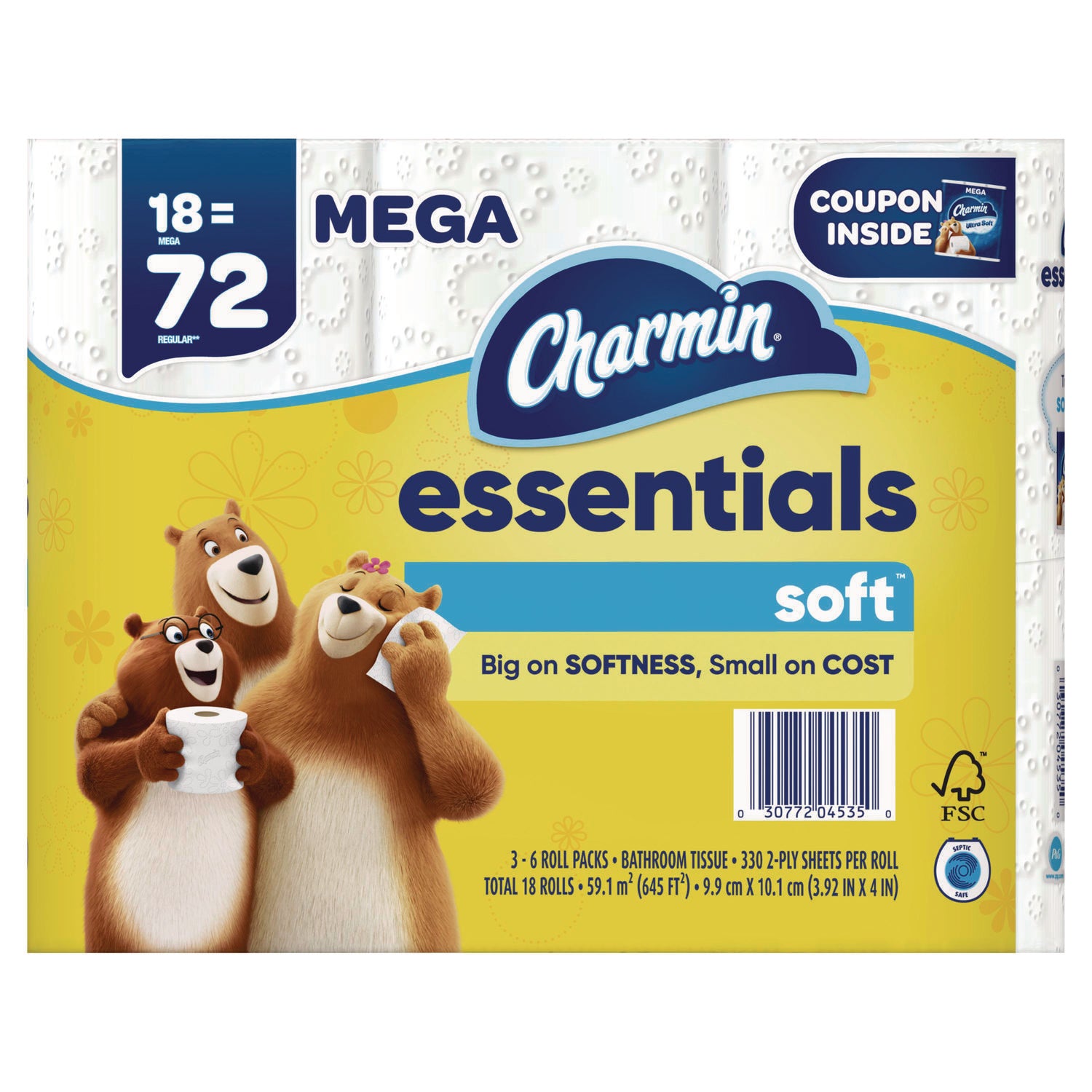 Essentials Soft Bathroom Tissue, Septic Safe, 2-Ply, 330 Sheets/Roll, 18 Rolls/Carton Charmin® Flipcost