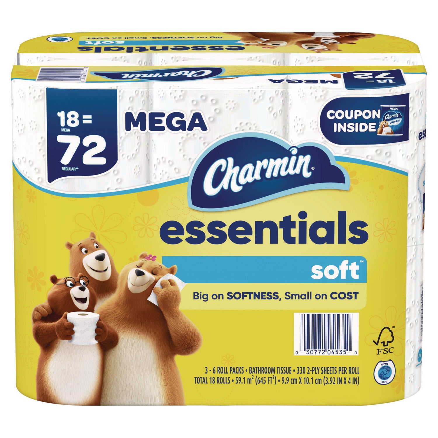 Essentials Soft Bathroom Tissue, Septic Safe, 2-Ply, 330 Sheets/Roll, 18 Rolls/Carton Charmin® Flipcost