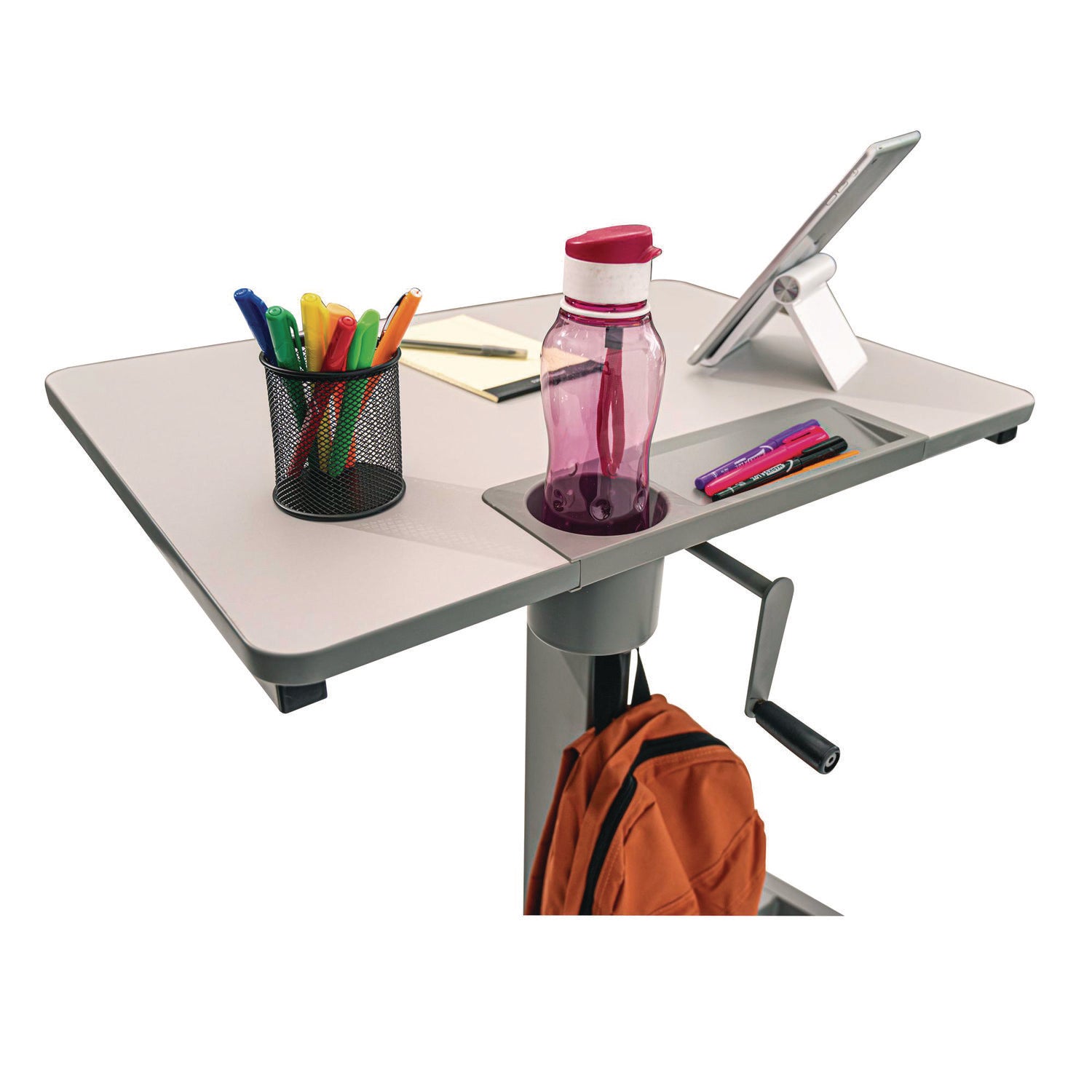 Luxor Sit Stand Student Desk with Crank Handle, 27.5 x 19.5 x 26.25 to 42, White/Gray