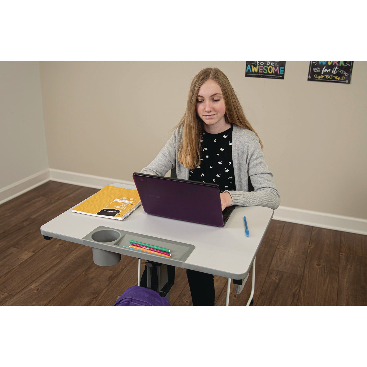 Luxor Sit Stand Student Desk with Crank Handle, 27.5 x 19.5 x 26.25 to 42, White/Gray