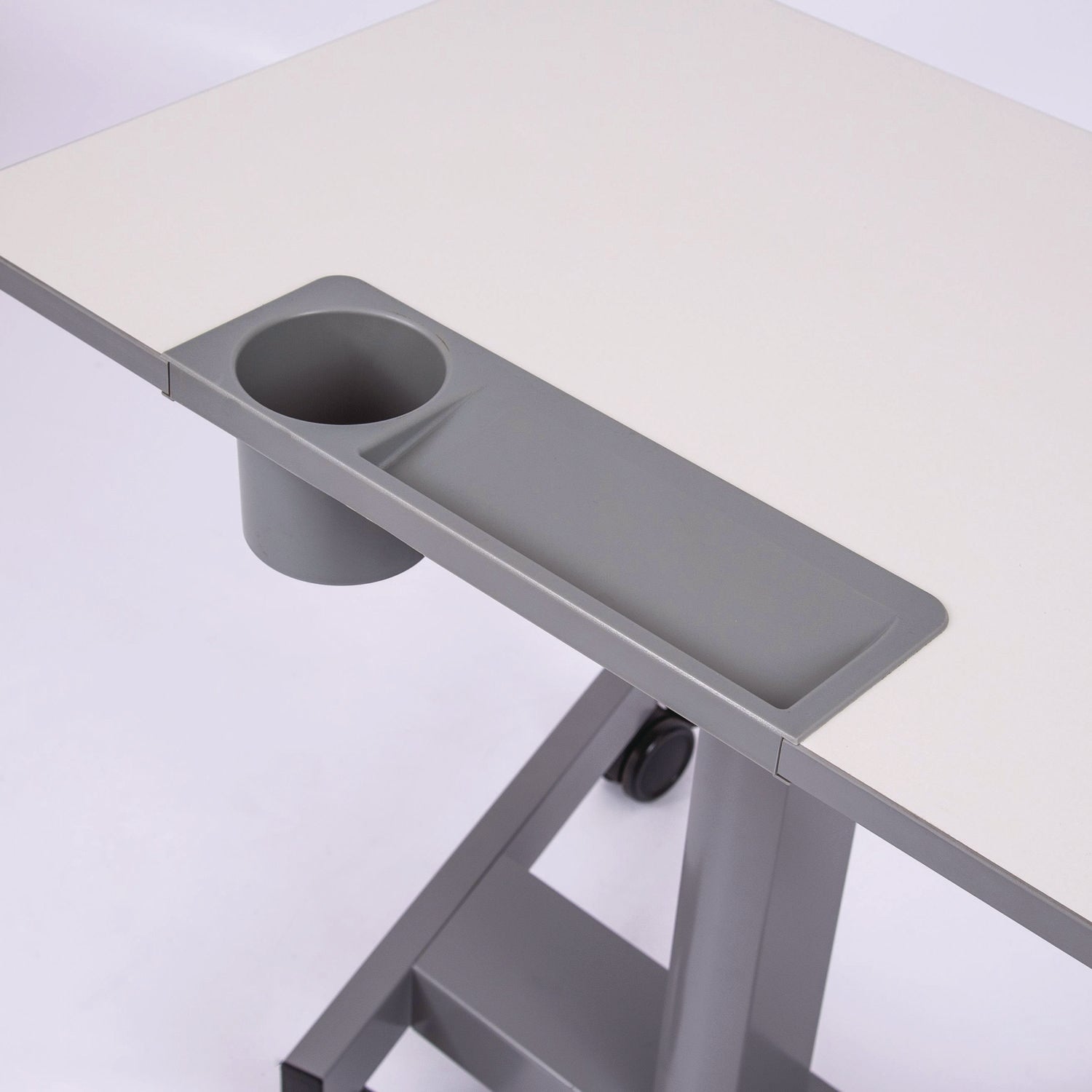 Luxor Pneumatic Sit Stand Desk, 27.5 x 19.5 x 26.25 to 42, White/Gray