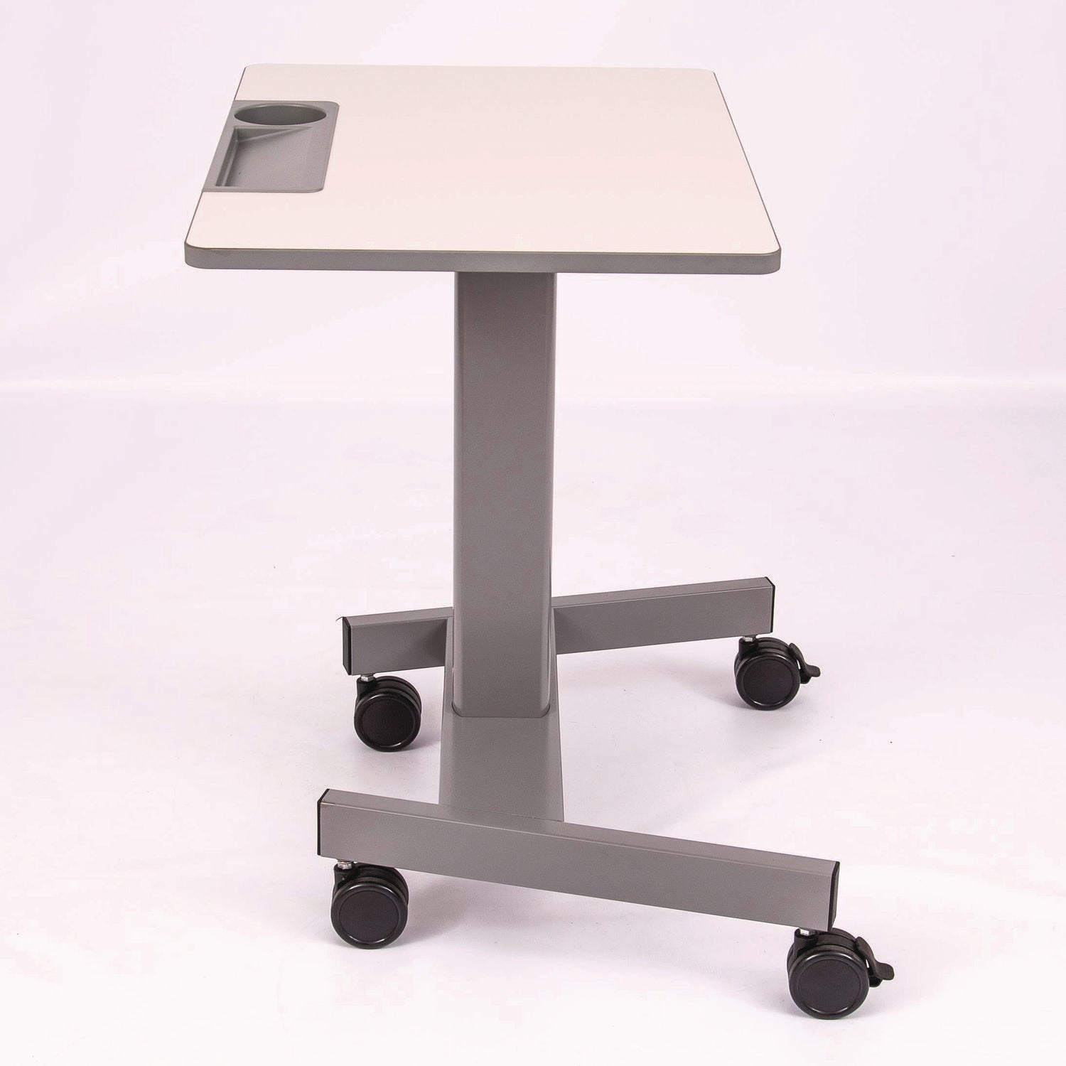 Luxor Pneumatic Sit Stand Desk, 27.5 x 19.5 x 26.25 to 42, White/Gray