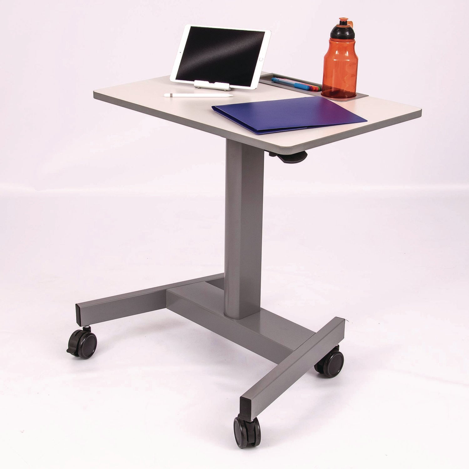 Luxor Pneumatic Sit Stand Desk, 27.5 x 19.5 x 26.25 to 42, White/Gray