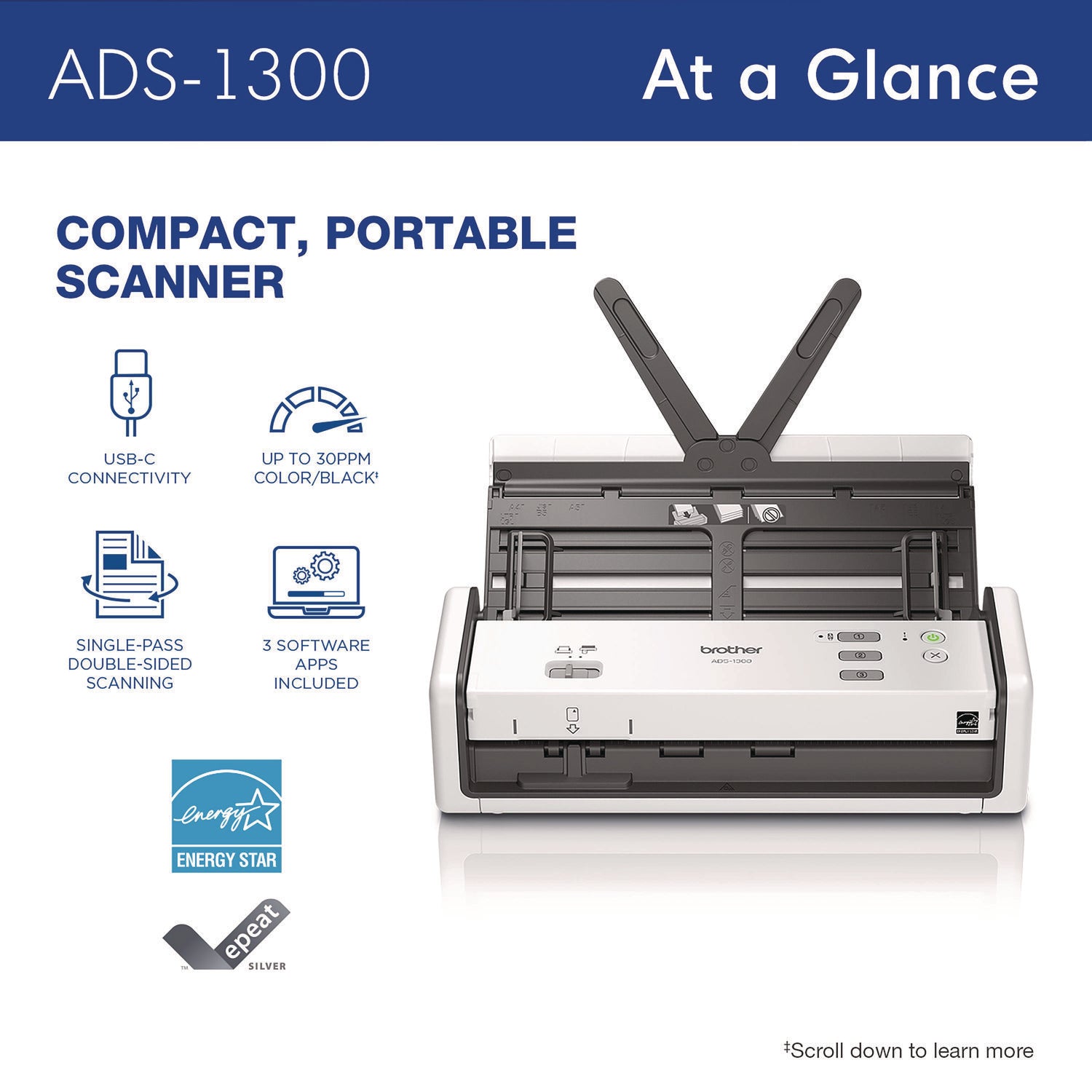 ADS-1300 Compact Desktop Scanner, 600 dpi x 600 dpi Optical Resolution, 20-Sheet Duplex Auto Document Feeder Brother Flipcost