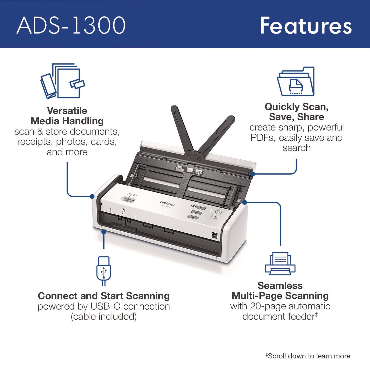 ADS-1300 Compact Desktop Scanner, 600 dpi x 600 dpi Optical Resolution, 20-Sheet Duplex Auto Document Feeder Brother Flipcost